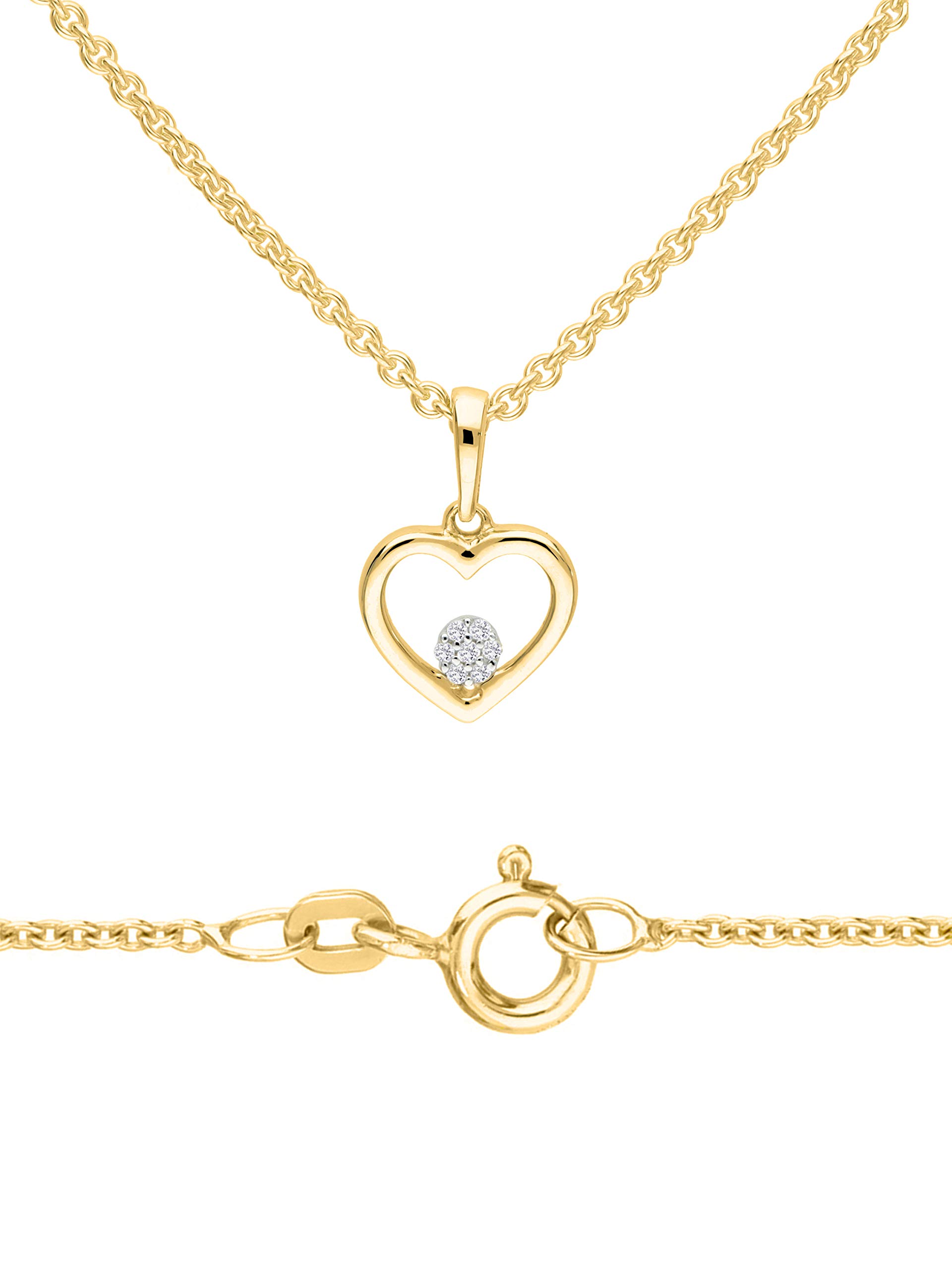 My Gold Damen Herzkette Gold 585/750 Diamant Kette mit Herz Anhänger Echtes Gelbgold (14/18 Karat) 0,02ct. Herzform Halskette 45cm Chamia Set