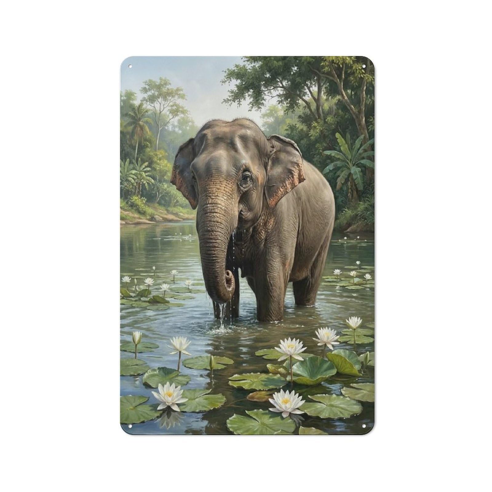 Industrial Elephant in Water with Lily Pads Retro Metal Sign 30x20cm, Shed Wall Plaque for Garage, Workshop, Shed Or Utility Room