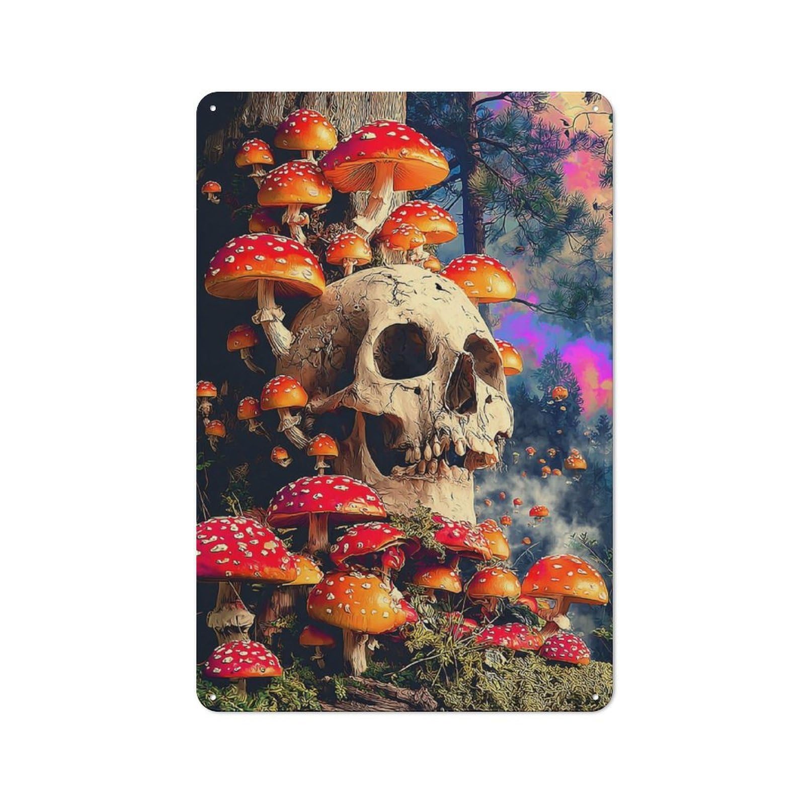 Junmoney Forest Skull With Mushrooms 30X20cm Rustic Metal Sign With For Home Office Or Studio, Gift For Studio Owners During The Christmas Season