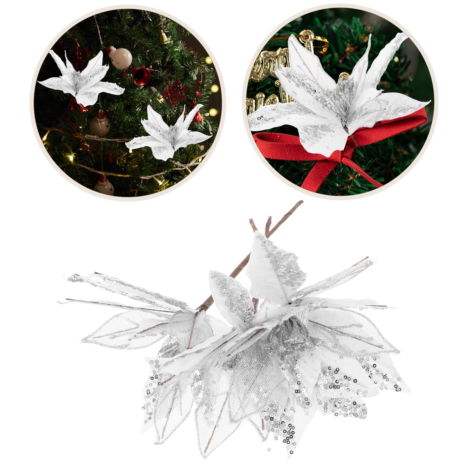 6 Stück Teiliges Silberne Weihnachts-Poinsettia Handgefertigte Künstliche Glitzerblumen Leichte Weihnachtsbaumschmuck Vielseitige Indoor-Dekoration für Festkranz und Kamin