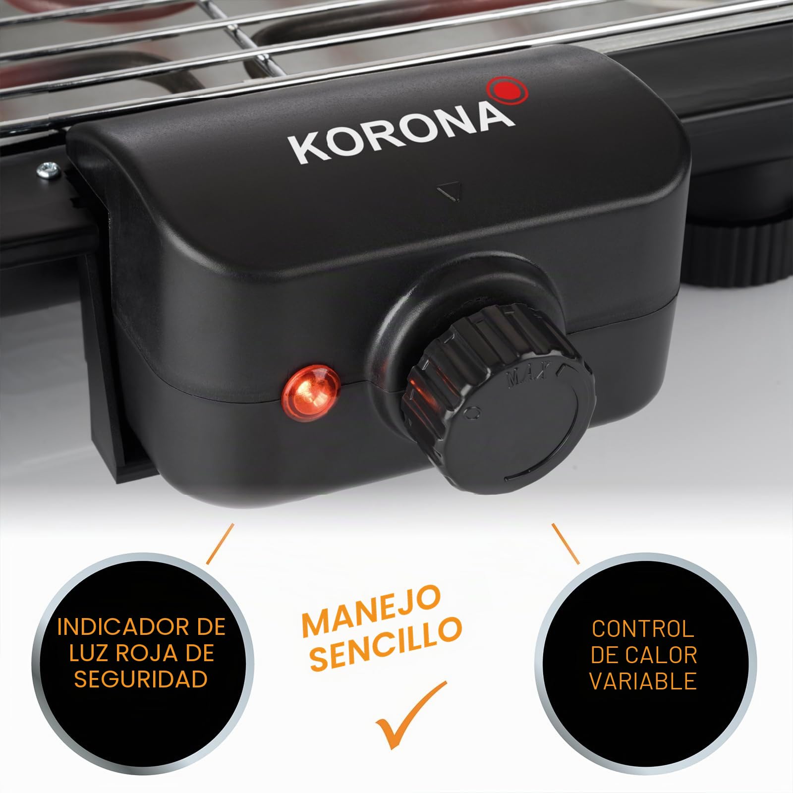 Korona 46221 Parrilla eléctrica de pie con parrilla XXL (51 x 30 cm) / 2200 W/cortavientos/luz indicadora/interruptor de seguridad/ajuste de temperatura continuo