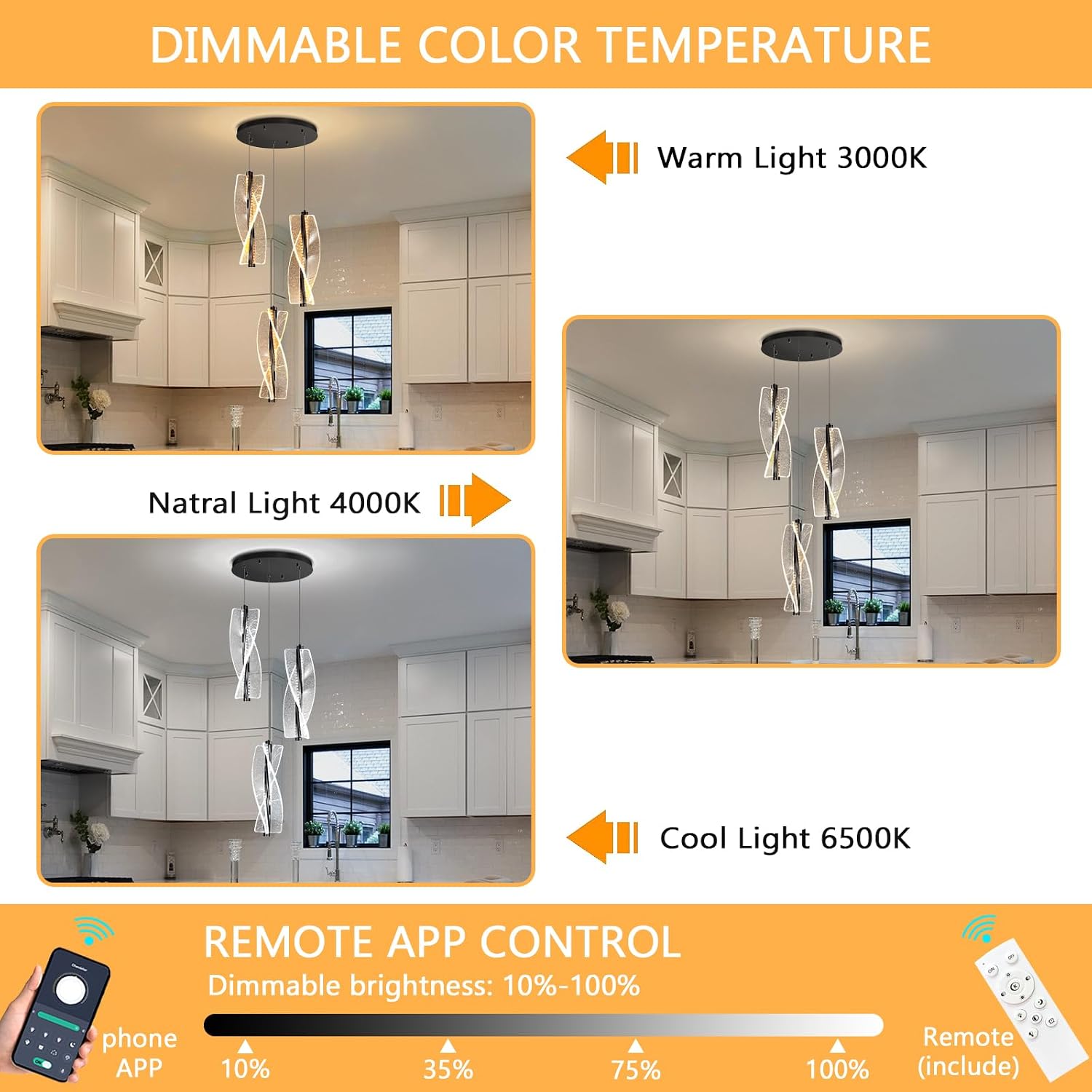 3 Lights Modern LED Dimmable Chandelier for Kitchen Island Pendant Lighting Glam Chandelier Dining Room Living Room Bedroom Black