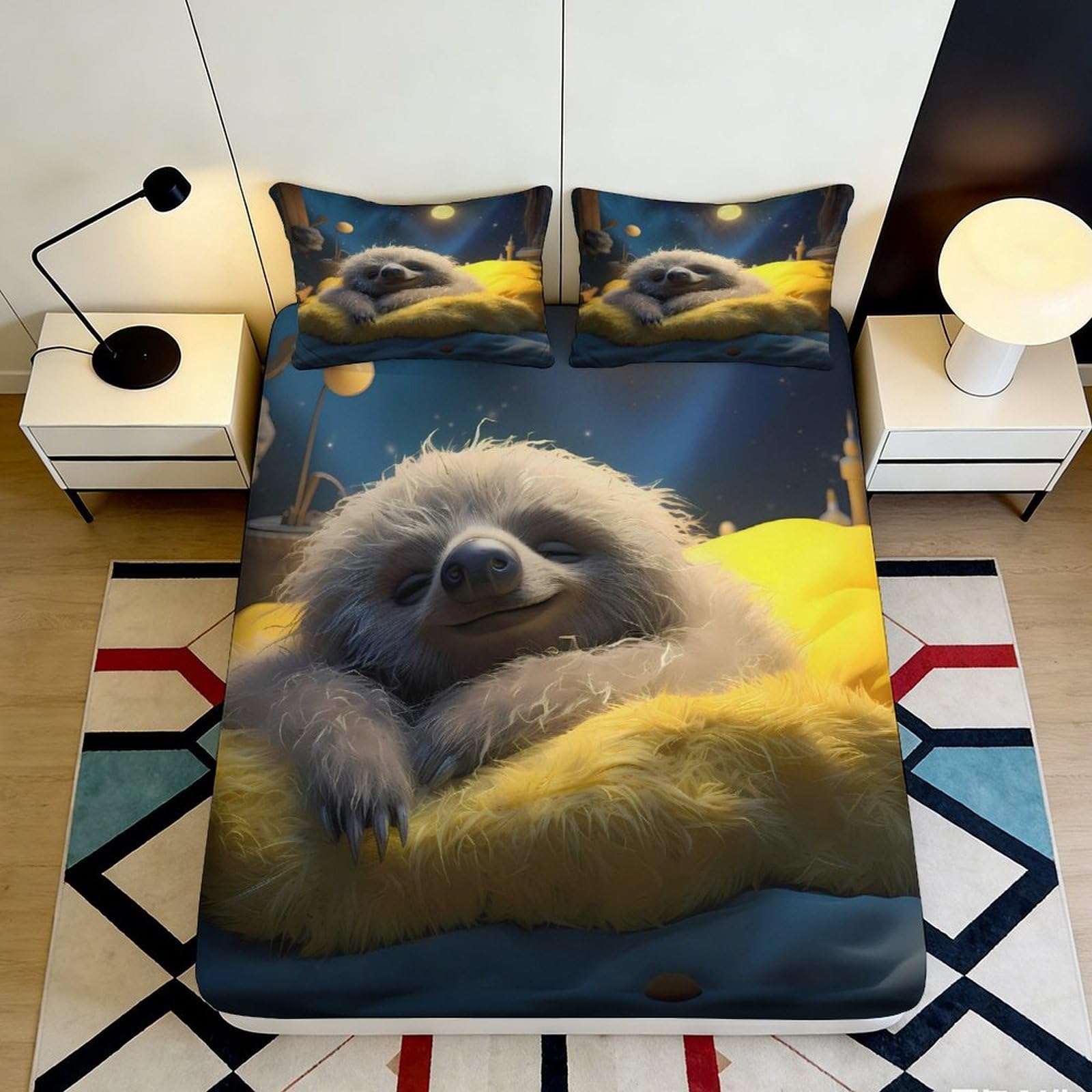 3D Printed Sloth on Yellow Blanket Fitted Sheet Microfiber Soft Bed Cover for Bedroom Dorm Mattress Decoration 90x200x25cm