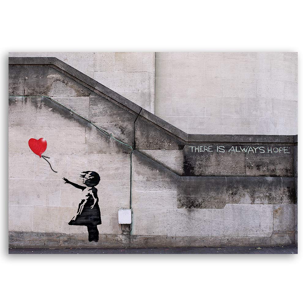 Feeby Leinwandbilder XXL Banksy - There is Always Hope - 120x80 cm - Bild auf Leinwand - Kunstdruck - Deko Wohnzimmer - Wandbilder Schlafzimmer - Deko Schwarz - Deko Aesthetic - Wand Deko