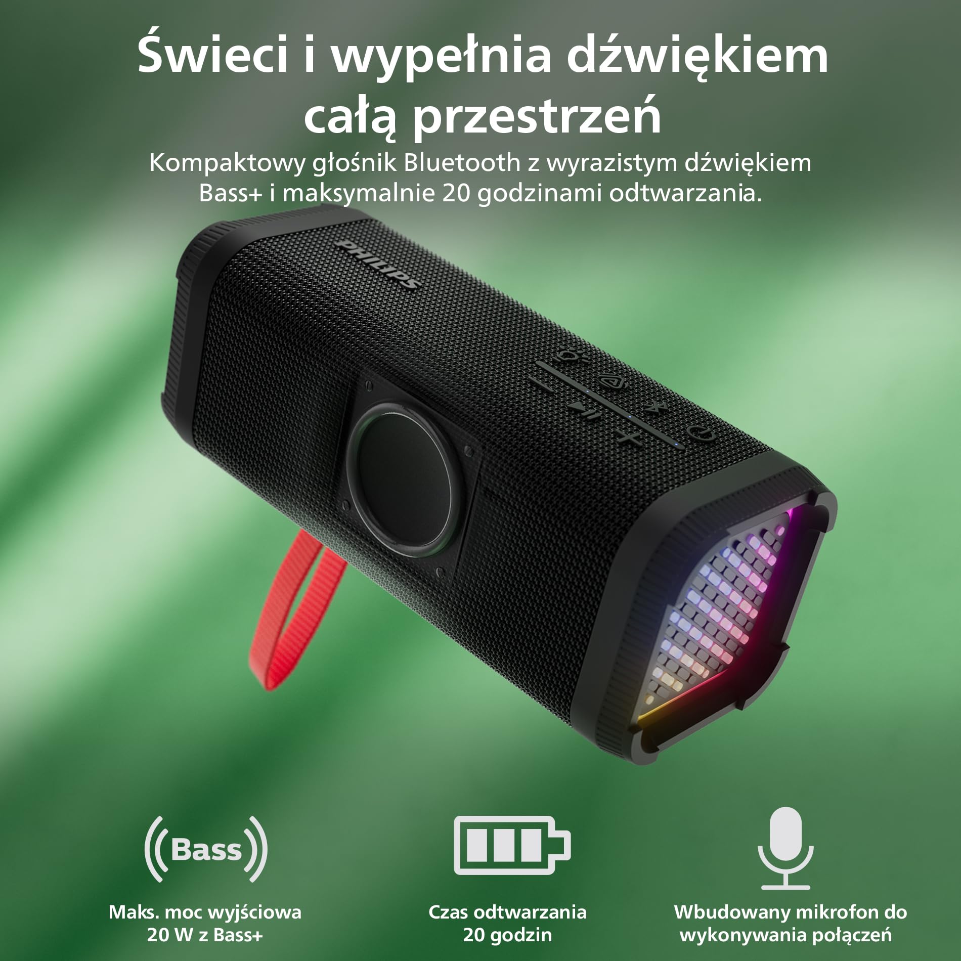 Philips TAS2000B Bezprzewodowy głośnik Bluetooth z zestawem świateł LED, bass + 20 W, Auracast, 20 godzin autonomii, wskaźnik IPX5, mikrofon, sterowanie z aplikacji - czarny