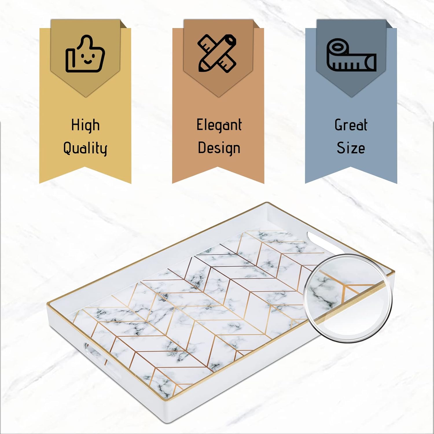 MAONAME Rectangular Decorative Tray, Modern White Serving Tray with Handles, Marbling Plastic Trays for Ottoman, Coffee Table Trays for Living Room, Home Decor, 15.8" x 10.2" x 1.4"