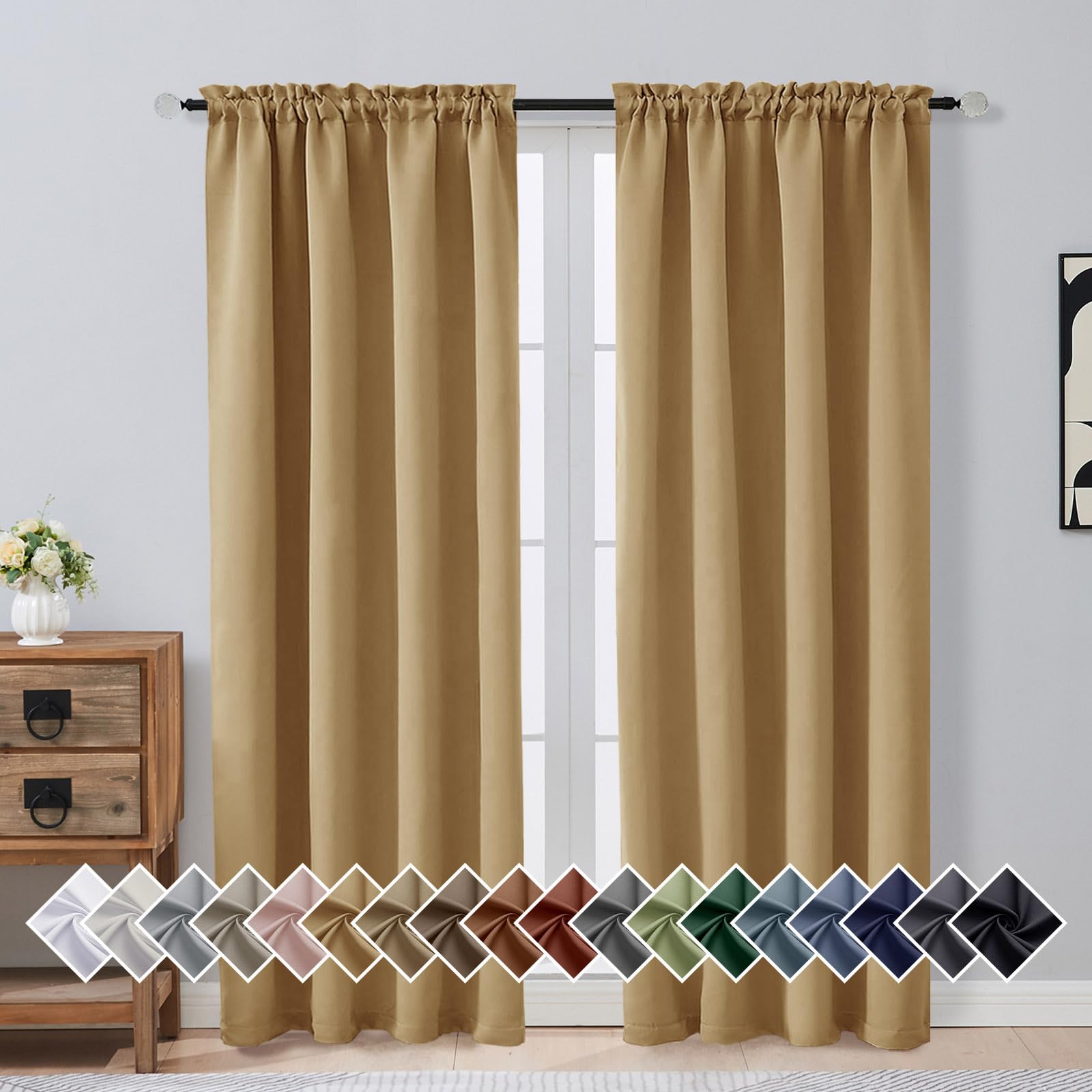 OVZME Gold Blackout Curtains for Bedroom 72 Inch Length 2 Panels Set, Solid Thermal Insulated Energy Saving Window Curtains for Living Room, Dual Rod Pocket Window Drapes, Gold, 2x40Wx72L Inches