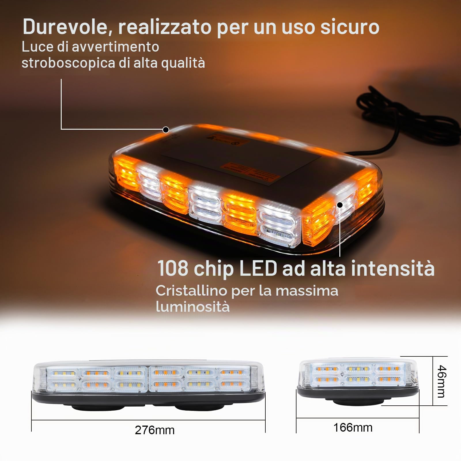 AOHEWEI Barra Luminosa LED Stroboscopica Ambra, 108 LED 10 Modalità Lampeggiante - Luce di Emergenza per Veicoli, Impermeabile IP67 con Base Magnetica 12V/24V per Rimorchi Camion SUV Veicoli