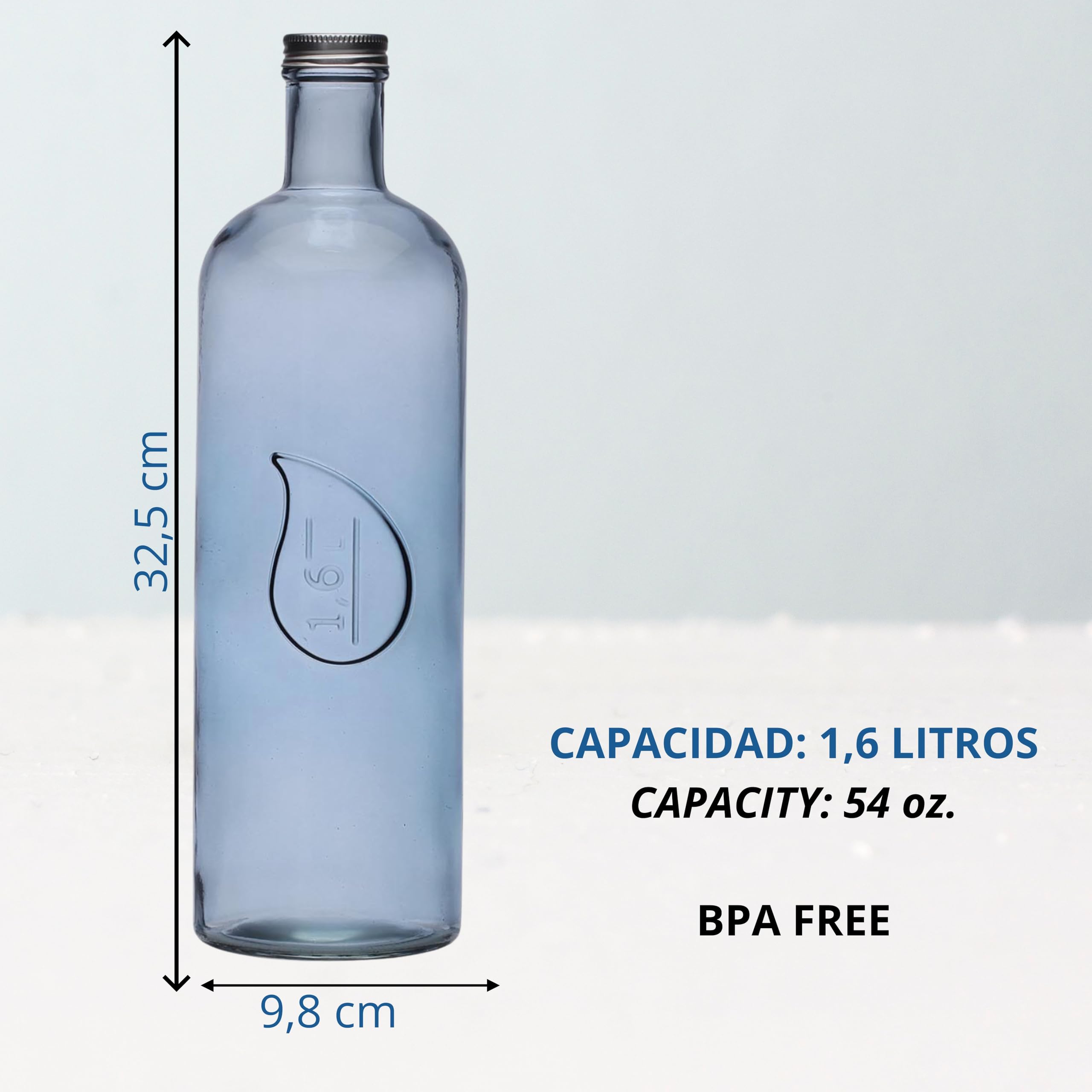 Carafe D'Eau 1 Litre Verre Recyclé Avec Bouchon Métal Rétro - Écologique Fabriquée En Europe