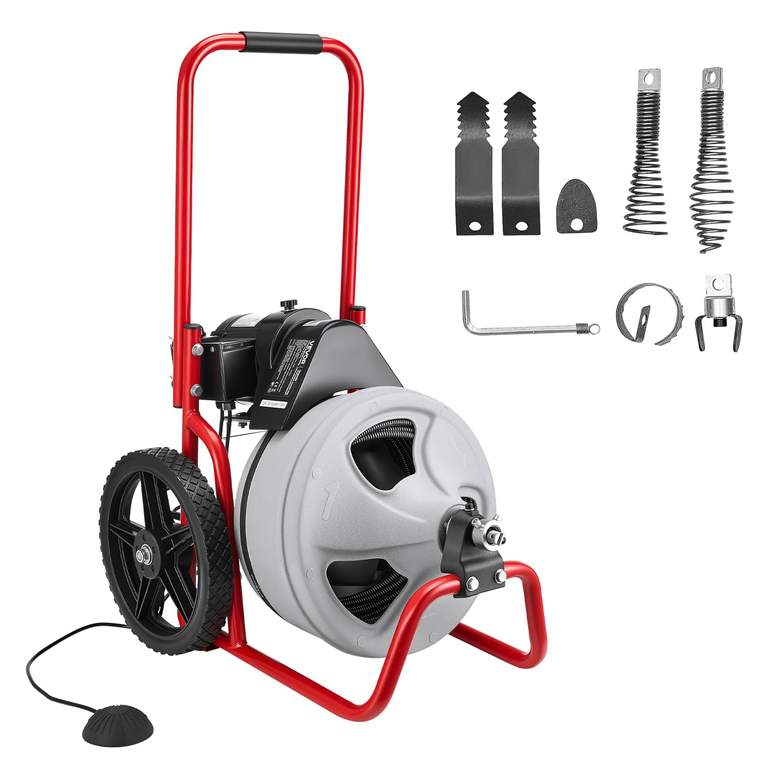VEVOR Máquina de Limpieza de Desagües 22 m x 9,5 mm, Máquina de Limpieza de Tuberías con Alimentación Manual y Ruedas, con 4 Cortadores e Interruptor de Pedal Neumático, para Tubos de 5-10 cm