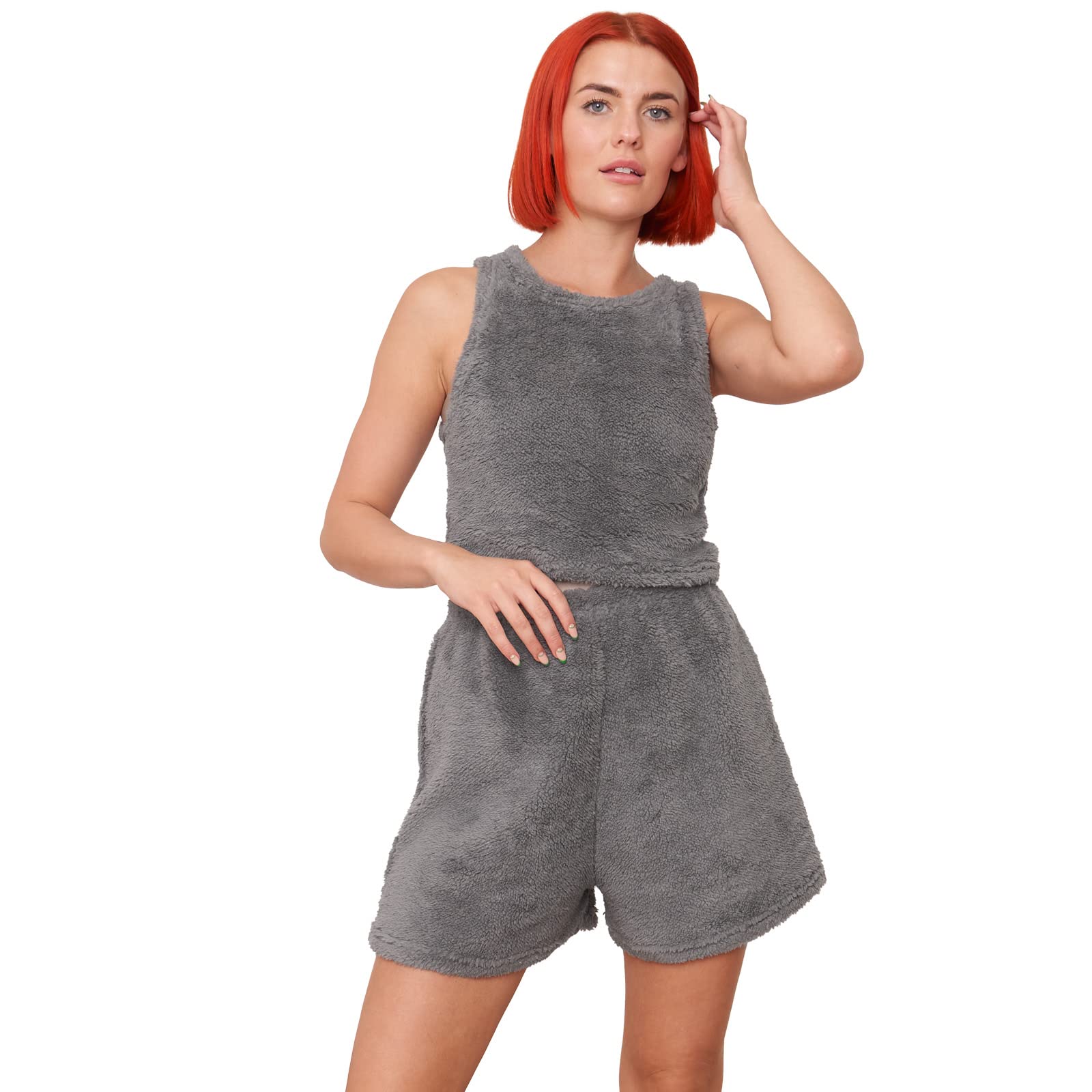 OHS Racerback Crop Tank Bra Tops Plain Solid Teddy Fleece Night Sleep Loungewear Basic Cropped Top, Charcoal Grey - Small 6/8