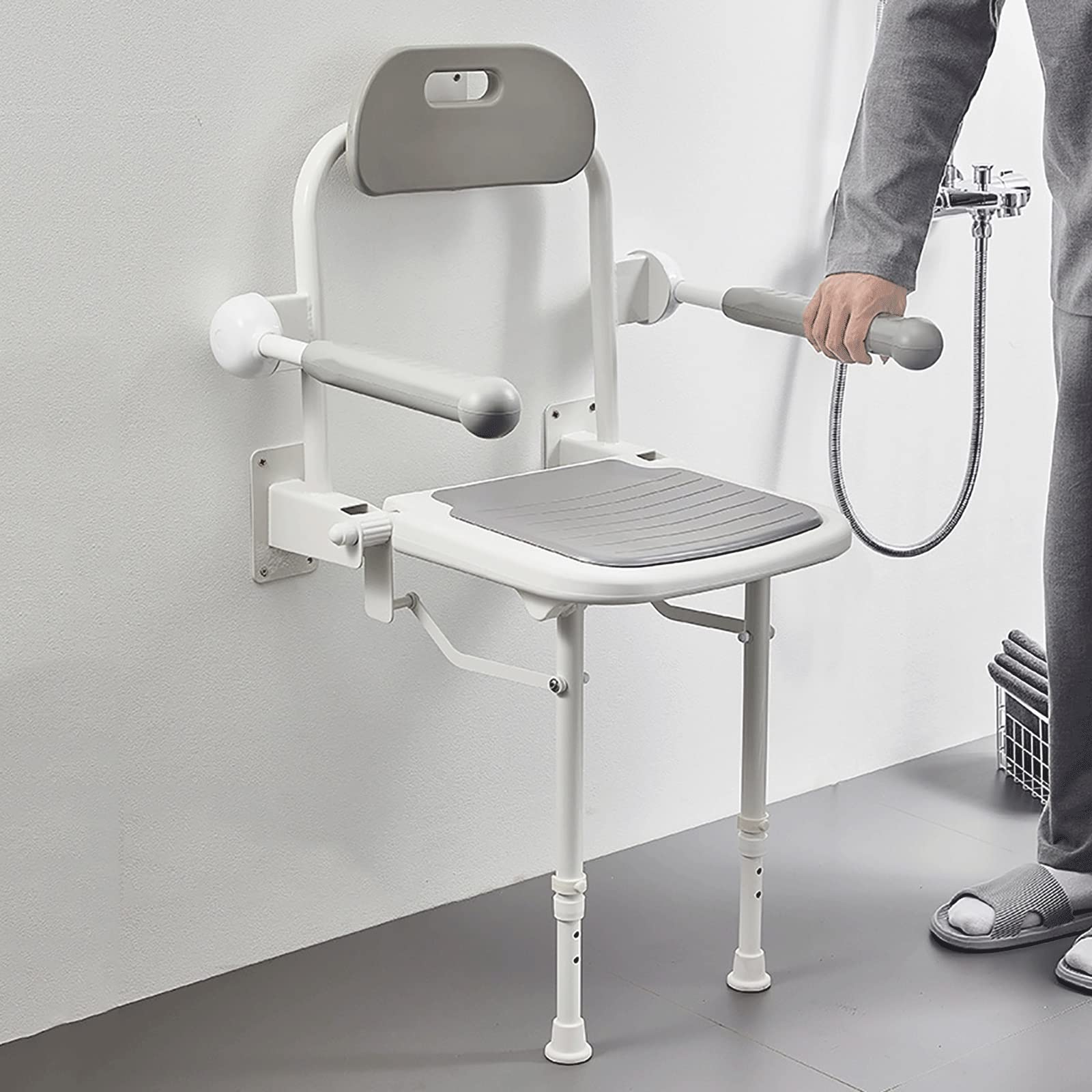 Daten Klappbarer Duschsitz Mit Armlehnen, Wandmontierter Duschbankhocker, Höhenverstellbarer Klappstuhl Mit Stützbein Und Rückenlehne, Belastung 190 Kg (Color : Grey)