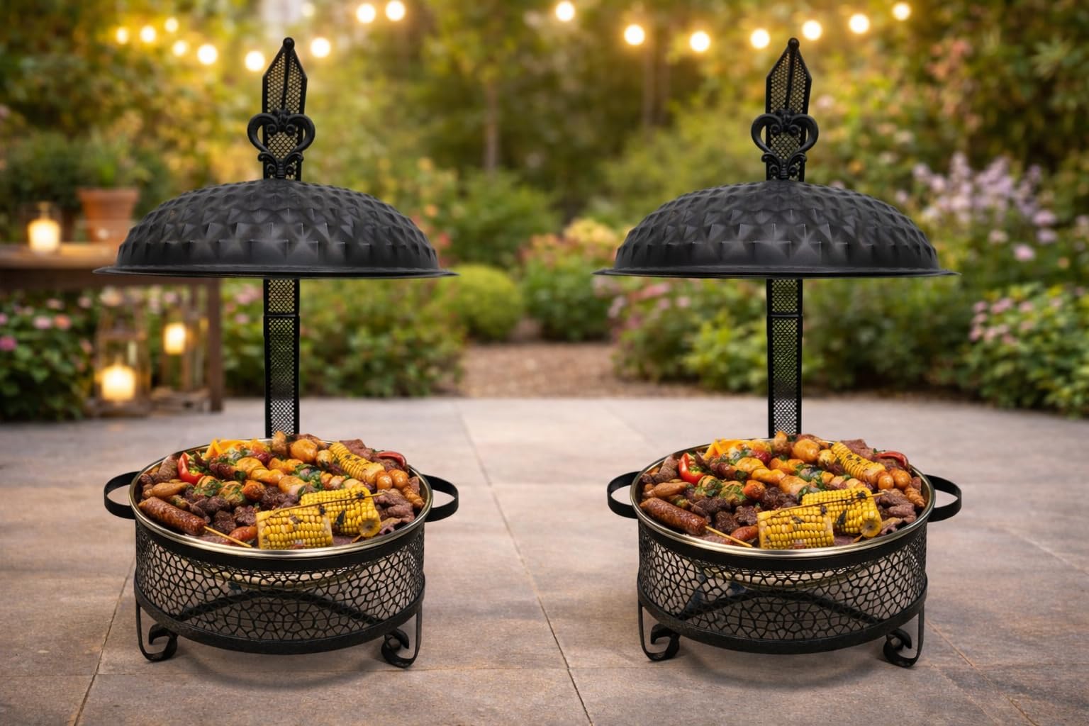 Juego de 2 platos redondos de acero inoxidable de 8 cuartos de galón, protección de dedos con borde enrollado, elegantes calentadores de buffet negro y dorado para fiestas, catering, bodas y hoteles