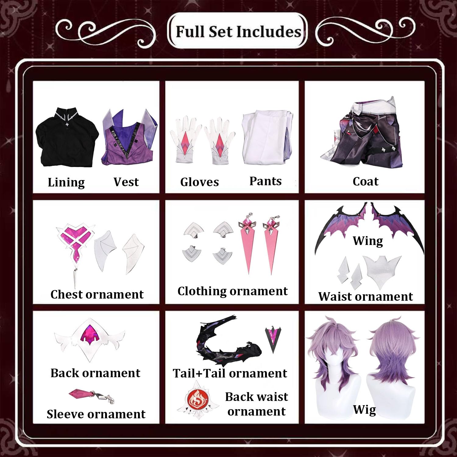 Spiel Charakter Durin Cosplay Kostüm Outfit Kinich Flins Rollenspiel Uniform Komplettes Set Halloween Party Karneval Dress Up Anzug mit Perücke Flügel Schwanz für Männer