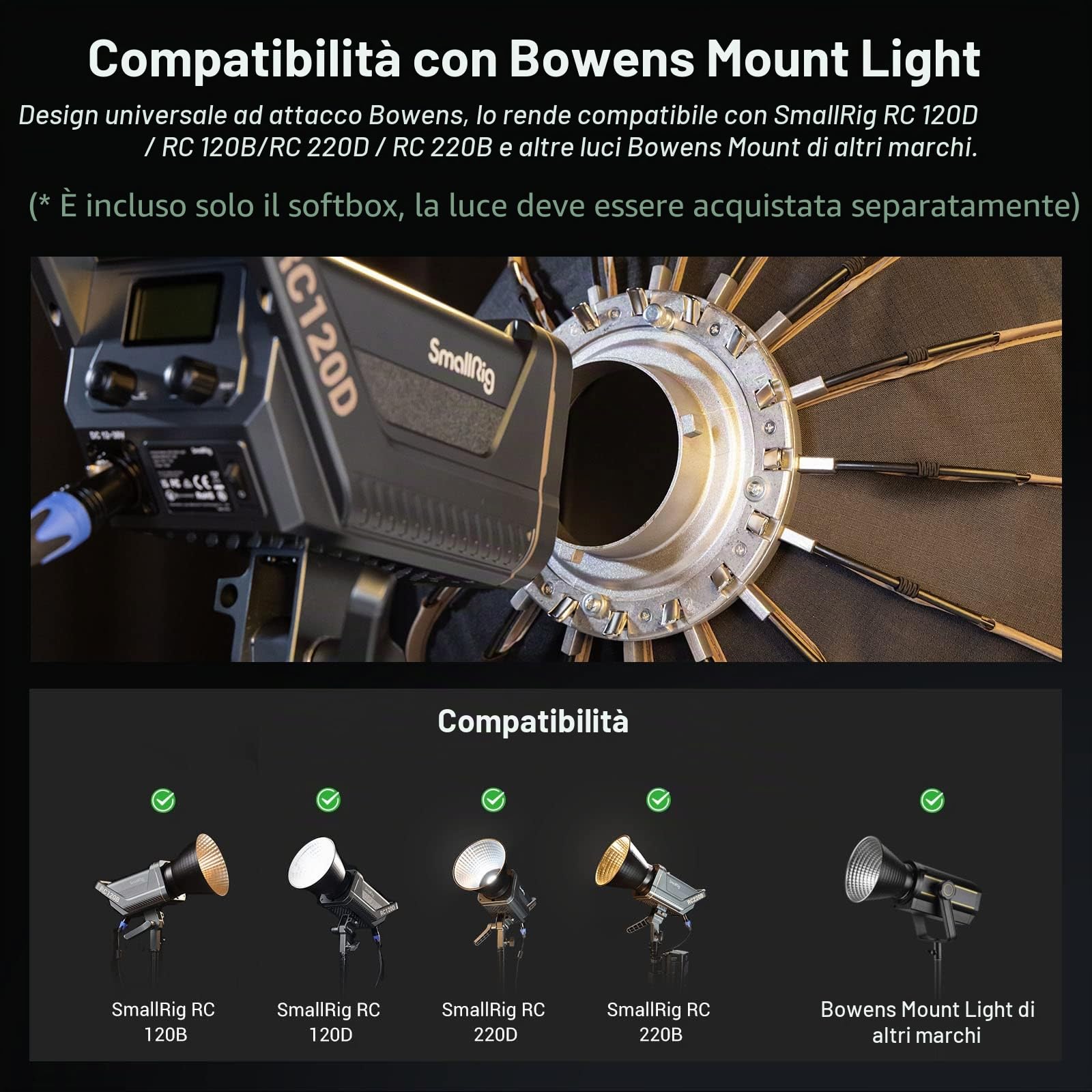 SMALLRIG Softbox Parabolico Leggero RA-D55, Diametro 55 cm 16 Nervature per Ombrelli Softbox Parabolico a Sgancio Rapido per SMALLRIG RC 120D/RC 120B/RC 220D/RC220B e Bowens Mount Light - 3585