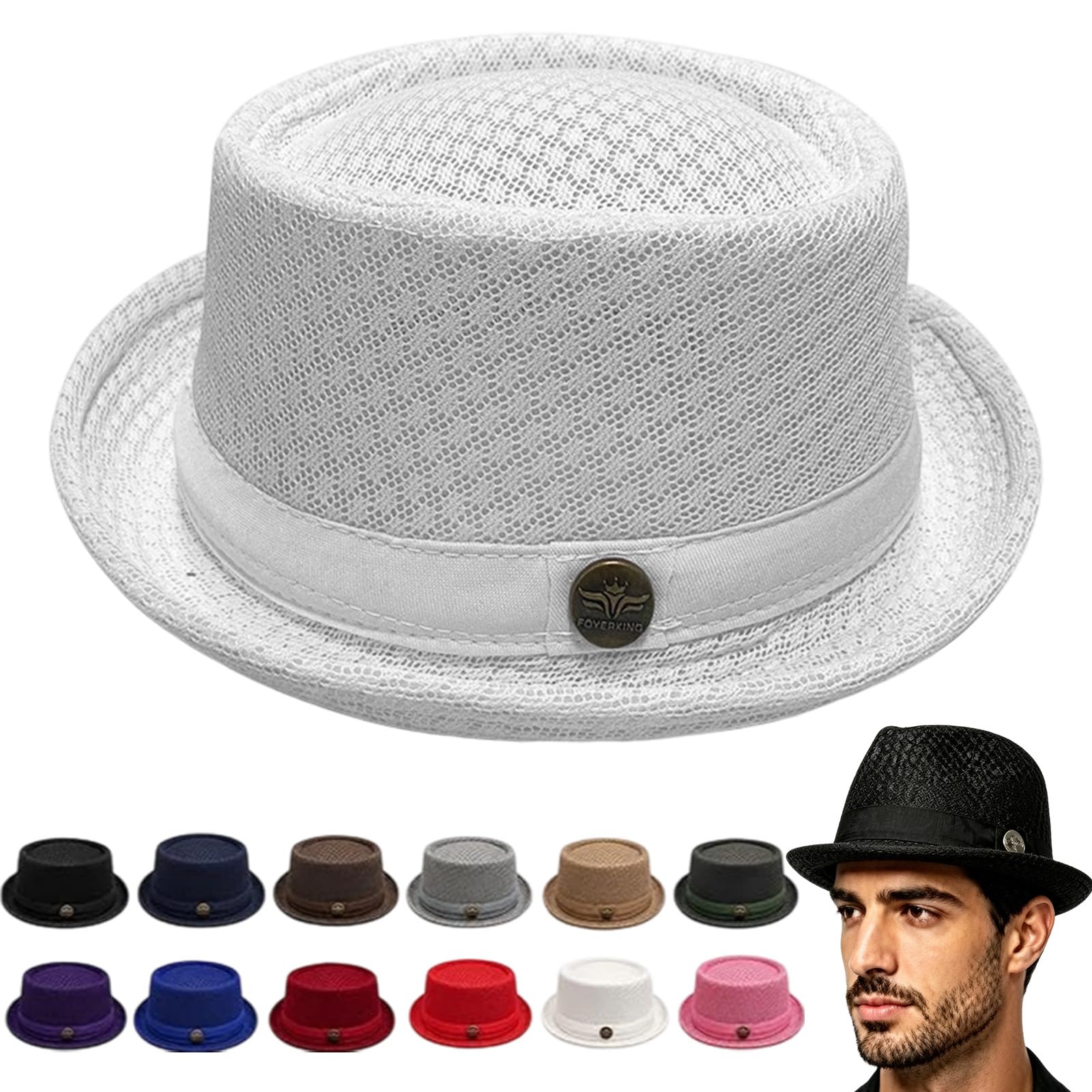 Mondpfote Unisex White Summer Breathable Mesh Pork Pie Hat, Men's Breathable Short Brim Fedora Cap, Classic Bowler Hat For Travel Party (White)