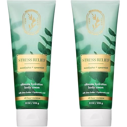 Bath & Body Works Eucalyptus Spearmint Aromatherapy Body Cream, Ultimate Hydration Moisturizer for Stress Relief with Shea Butter & Hyaluronic Acid for Dry Skin, 8 fl oz - 2 Pack