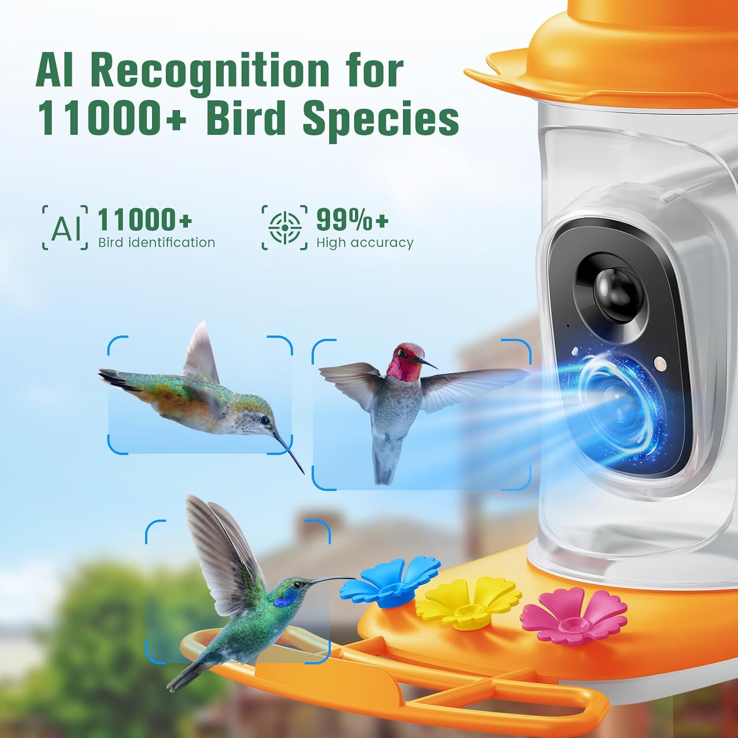 2.5K Hummingbird Feeder with Camera, Wireless Smart Bird Feeders for Outdoors, 2.4Ghz WiFi, AI Bird Identify, Instant Notification, Include 32GB SD Card, Ant Moat & Bee-Proof (Orange)