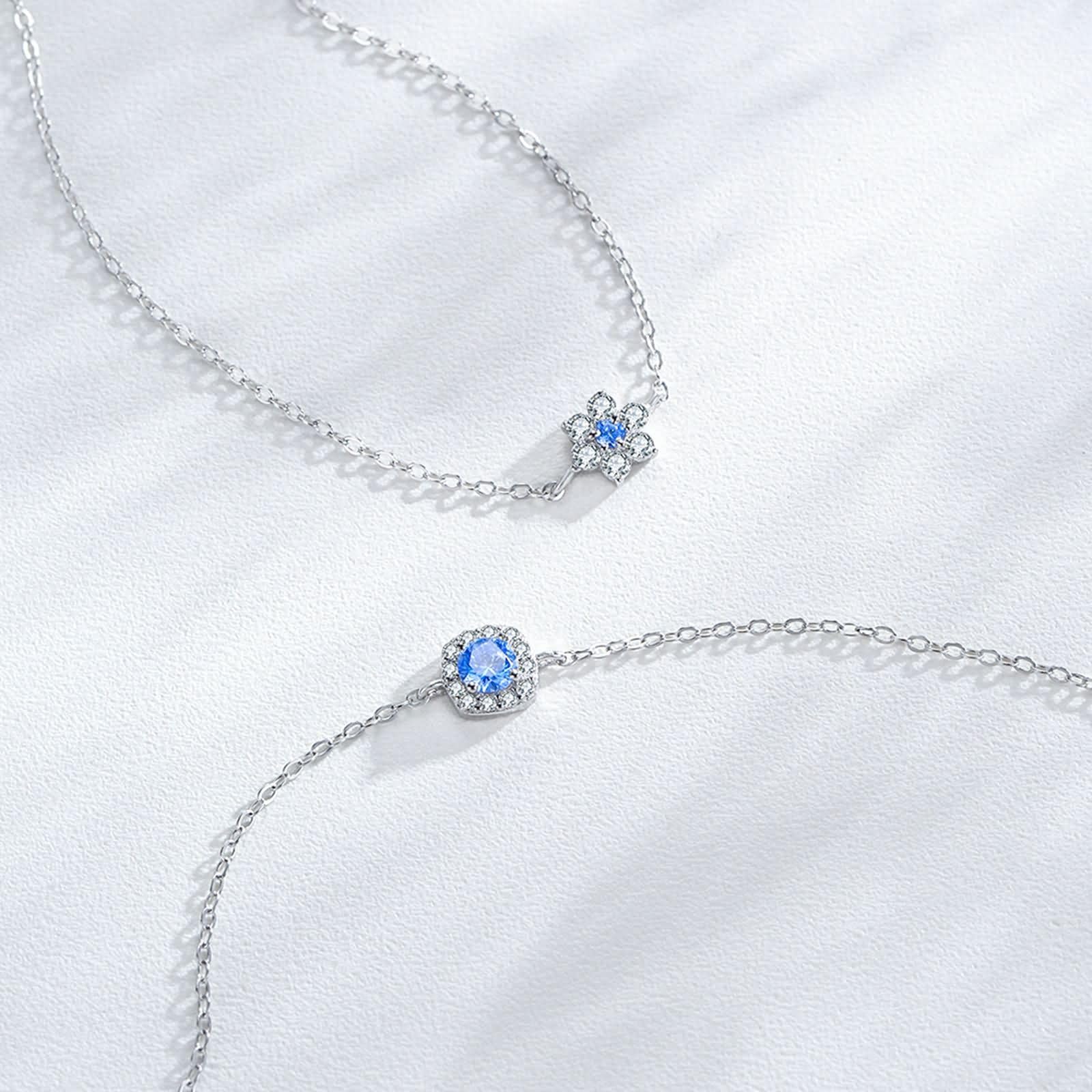 Donna Bracciale Oro Bianco 9 Carati / 14 Carati / 18 Carati, Quadrato e Rotondo con Topazio e Diamante, Regolabile 16 CM + 5 CM, Bracciale Catena Donna Blu Argento