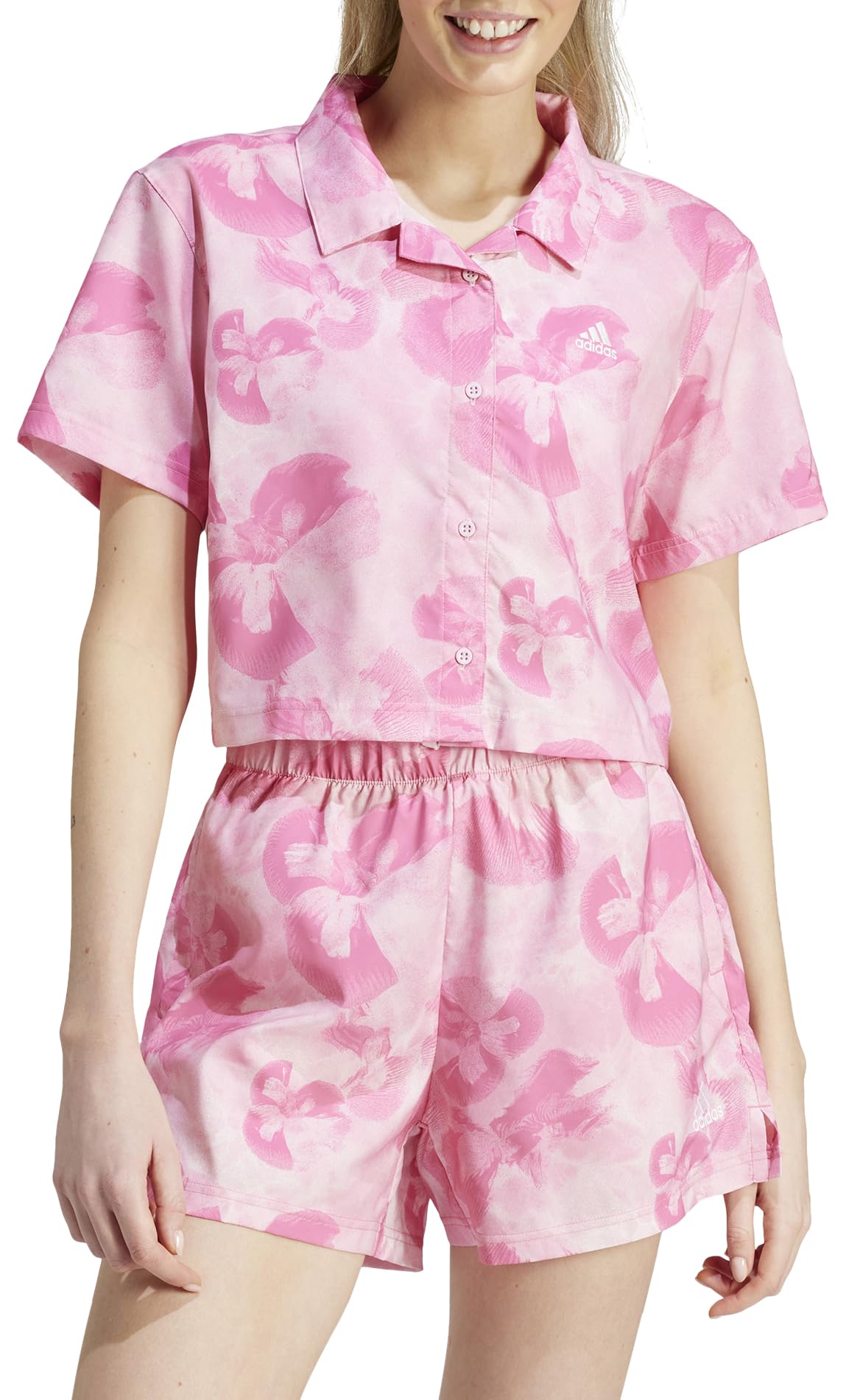 adidas Kobiety Floral Graphic Crop Woven Polo Shirt, off white/bliss pink, M