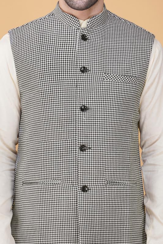 Image of Vastraa Fusion Men's Blue & Grey Chequered Woolen Blended Festive Nehru Jacket /Waistcoat