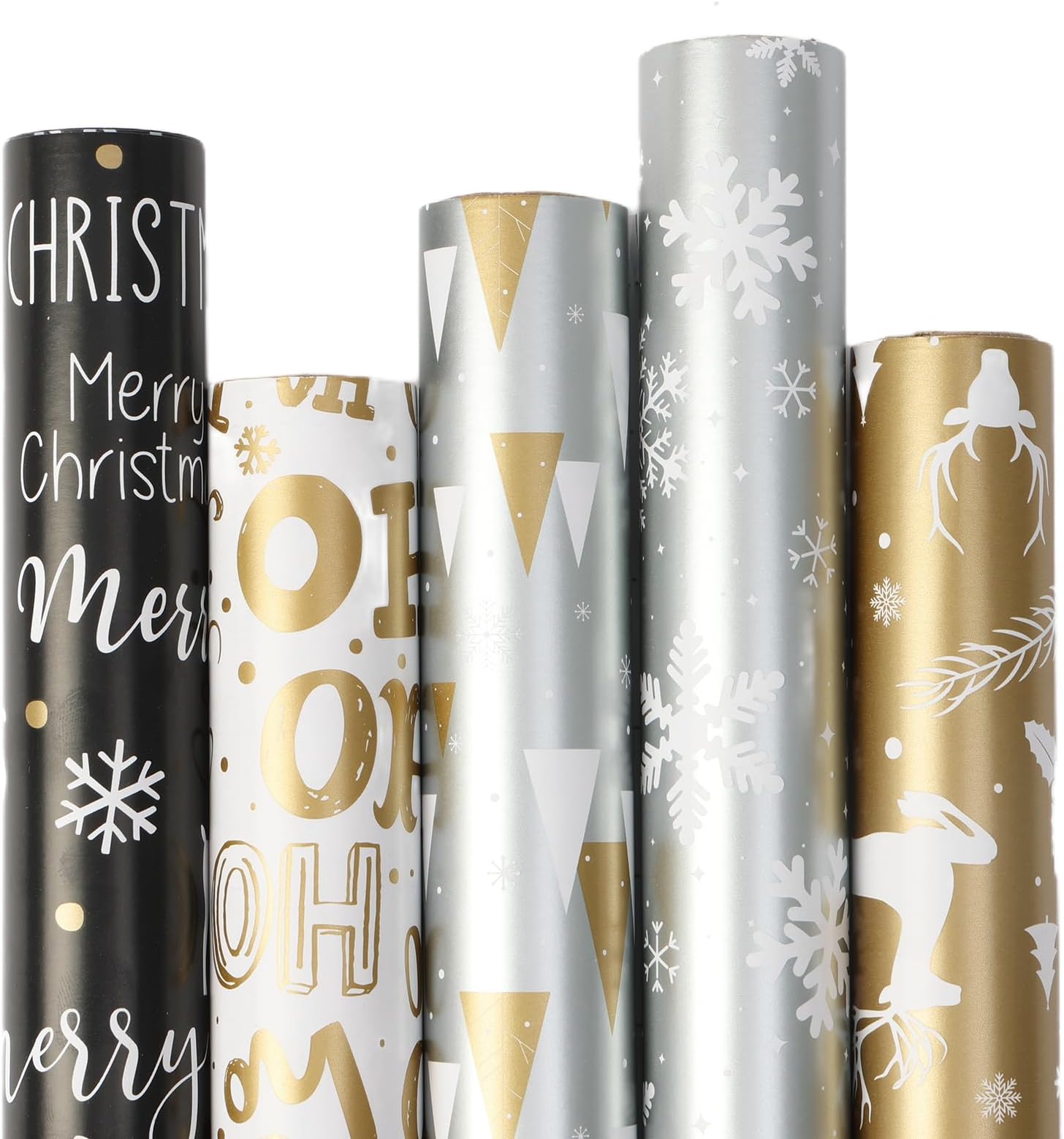 Qukou 5 Rolls Christmas Wrapping Paper with Cut Lines on Reverse, Colorful Black Gold Silver Coated Gift Wrap Paper Roll with Reindeer, Woodlands, Snowflake 17 Inch x 3m