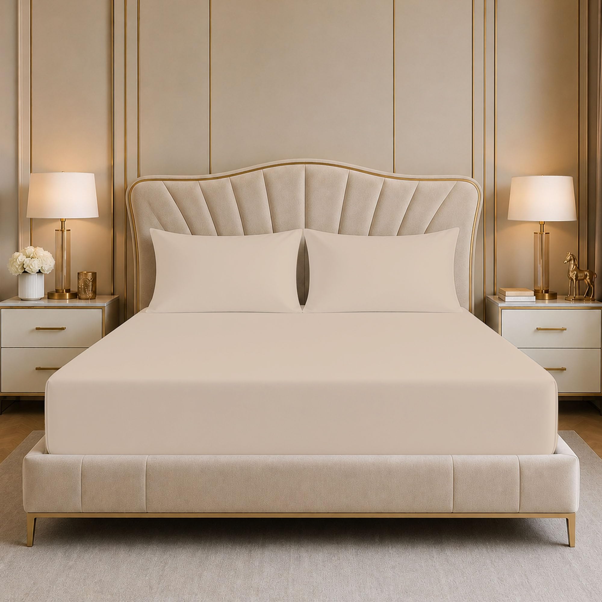 Reliancebedding Beige 3Pcs Single Fitted Sheet Set, 400Tc Egyptian Cotton, 35Cm Depth
