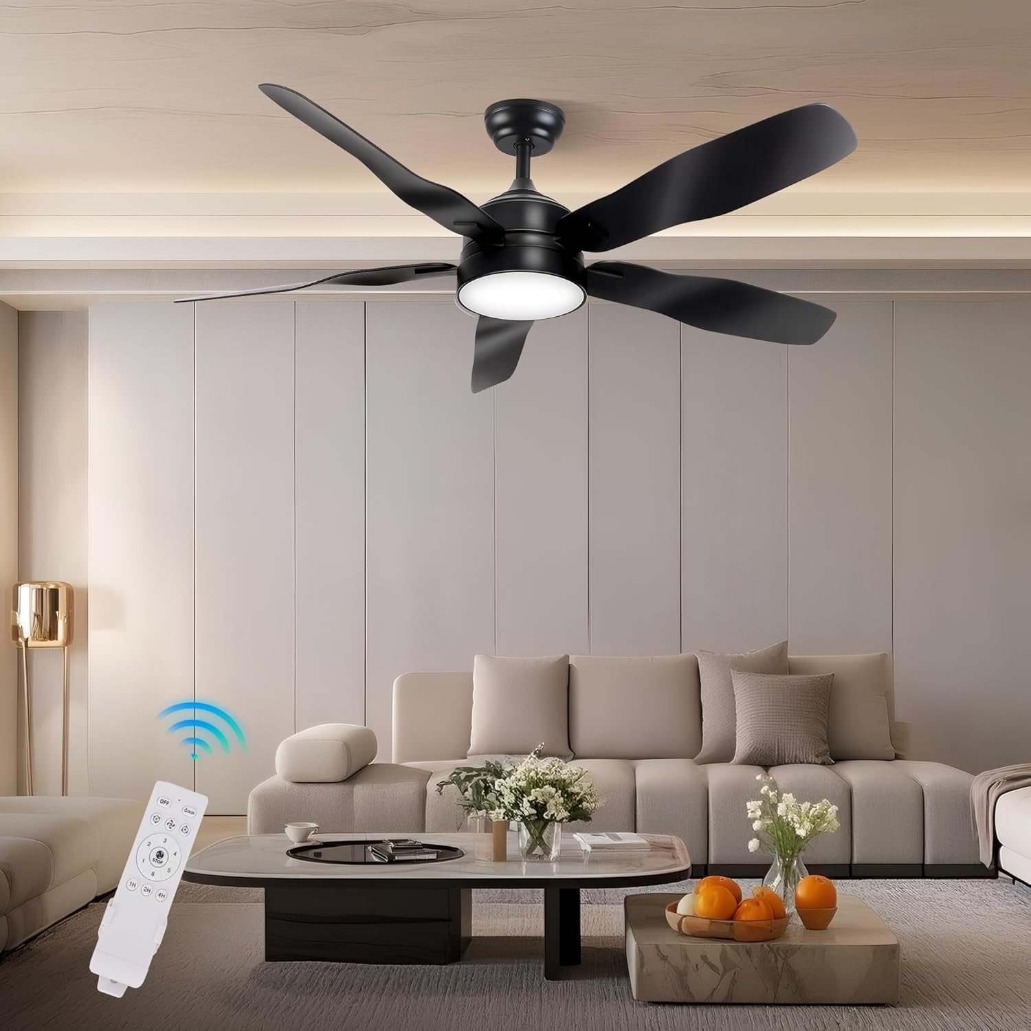 LAC D' LIGHTINGS Ceiling Fans with Lights, 52 Inch Black Ceiling Fan with Light and Remote 3 Color 6 Speed Adjustable, Noiseless DC Motor, Outdoor Fan for Indoor Outdoor Patio Farmhouse Bedroom