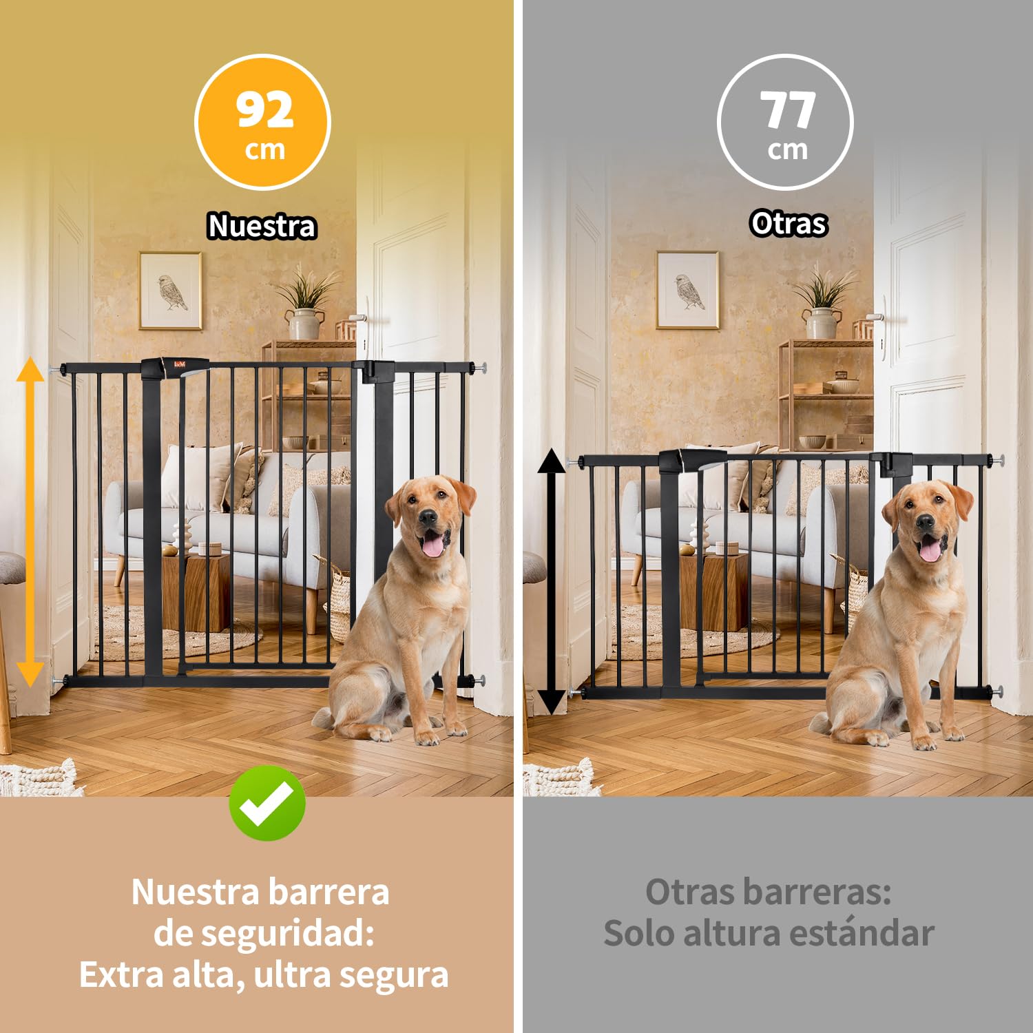 LAOYE Puerta de seguridad de 92cm altura sin taladrar, barrera para puertas 75–124cm con 3 extensiones, barrera para bebés y mascotas con cierre automático parada a 90°, para niños, perros gatos–Negro