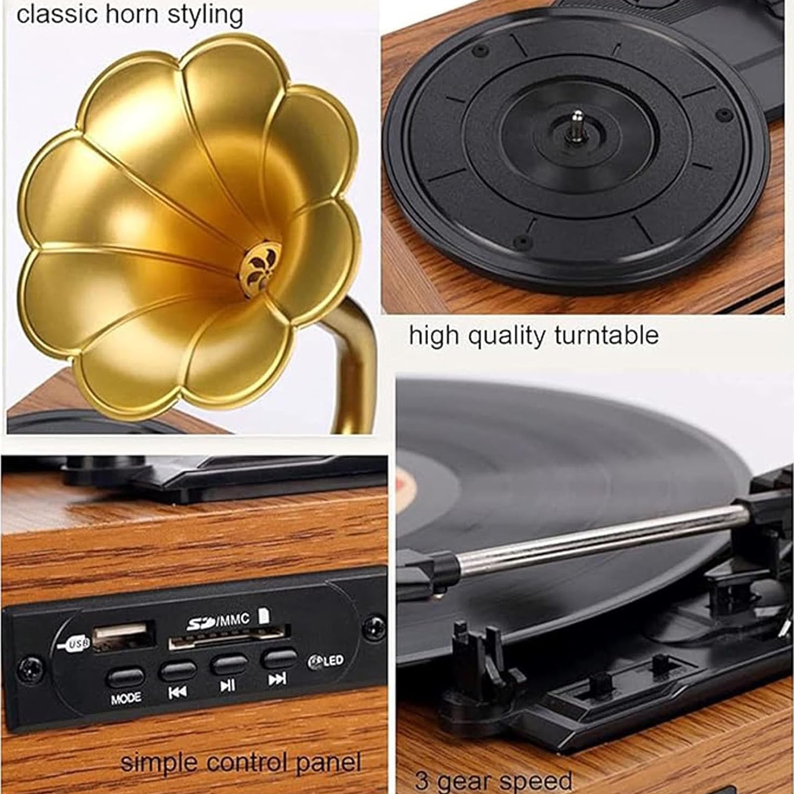 Giradischi in vinile Bluetooth con altoparlanti stereo, lettore di schede SD, 3 velocità (33/45/78), ideale per hotel, club, bar e studi di yoga
