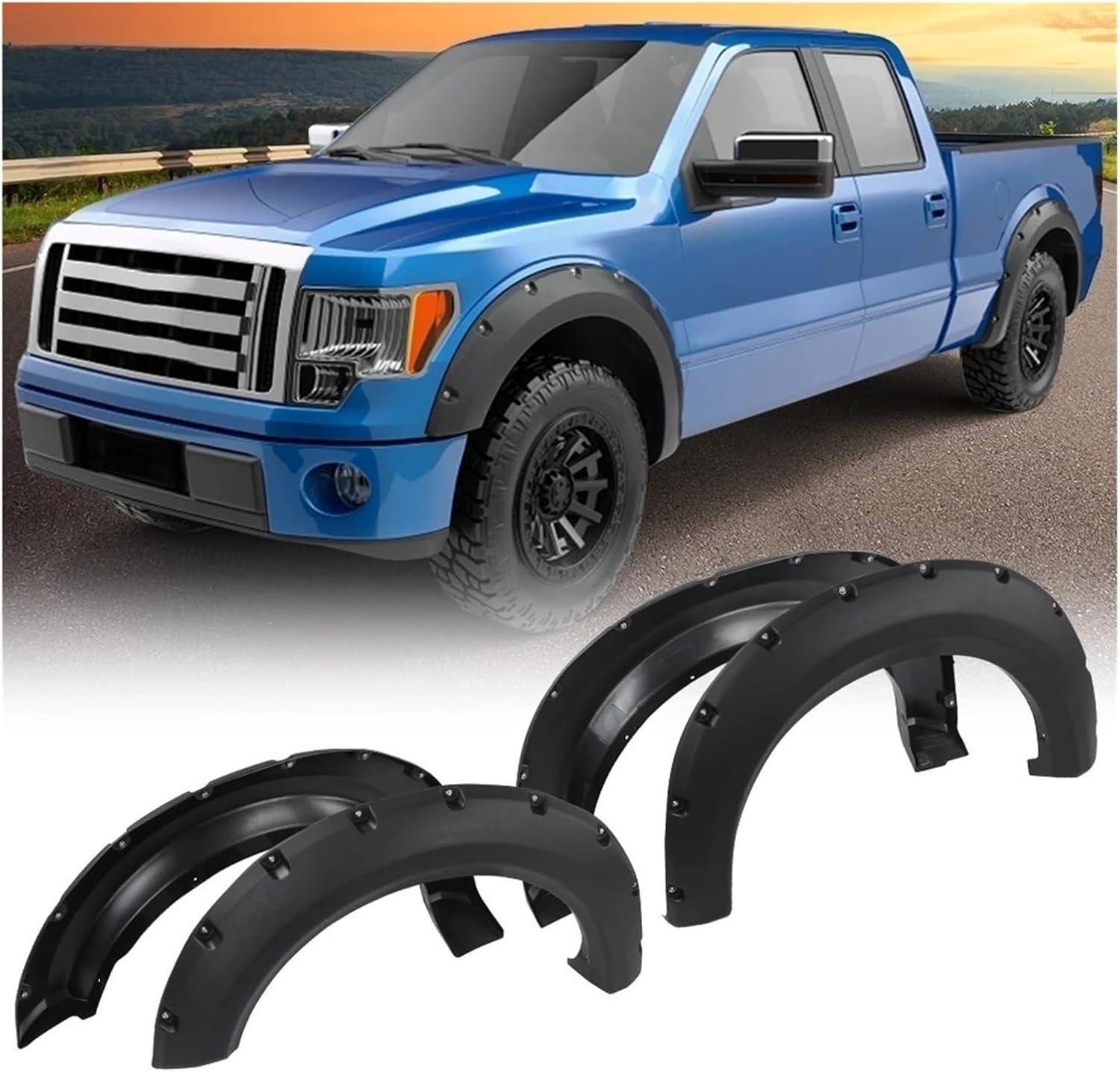 4Pcs Pocket Rivet Wheel Fender Flares Cover Compatible With 2009-2014 Ford F150 Offroad Front Rear Black Protector