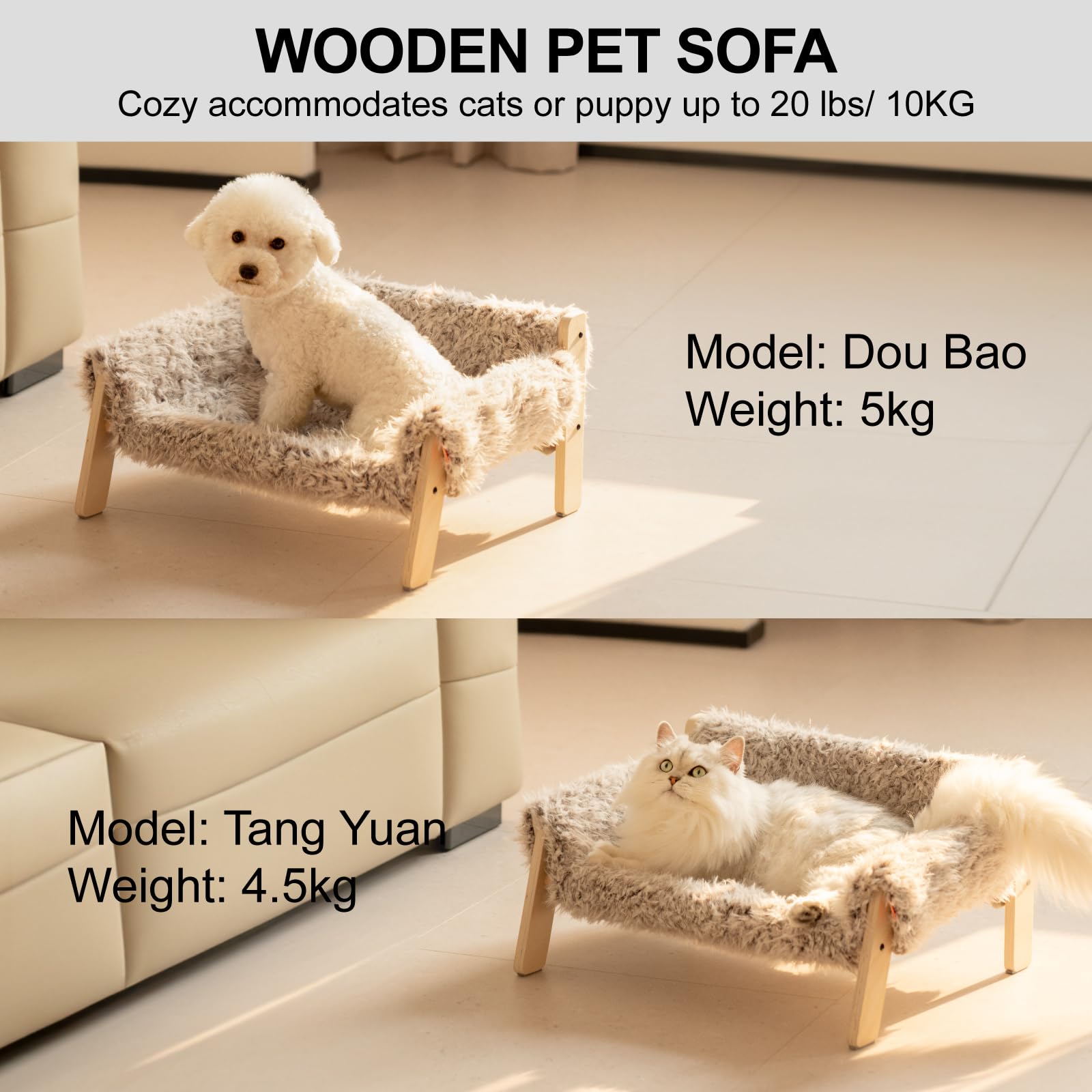 MEWOOFUN Podwyższone legowisko dla kota z drewna, 56 x 45 cm, wytrzymała, duża sofa dla kota – modne krzesło dla kota ze zdejmowaną poszewką na materac, obciążenie 10 kg (56 x 45 cm, brązowe)