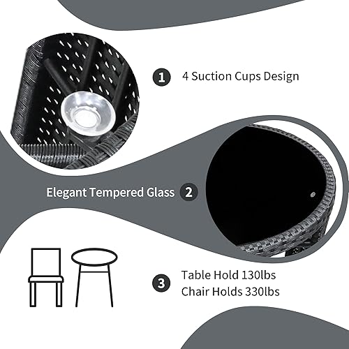 Miniatura 5 de TWT Juego de 3 piezas de bistró para patio, de aluminio fundido para todo tipo de clima, con mesa de vidrio templado y sillas de patio para piscina,