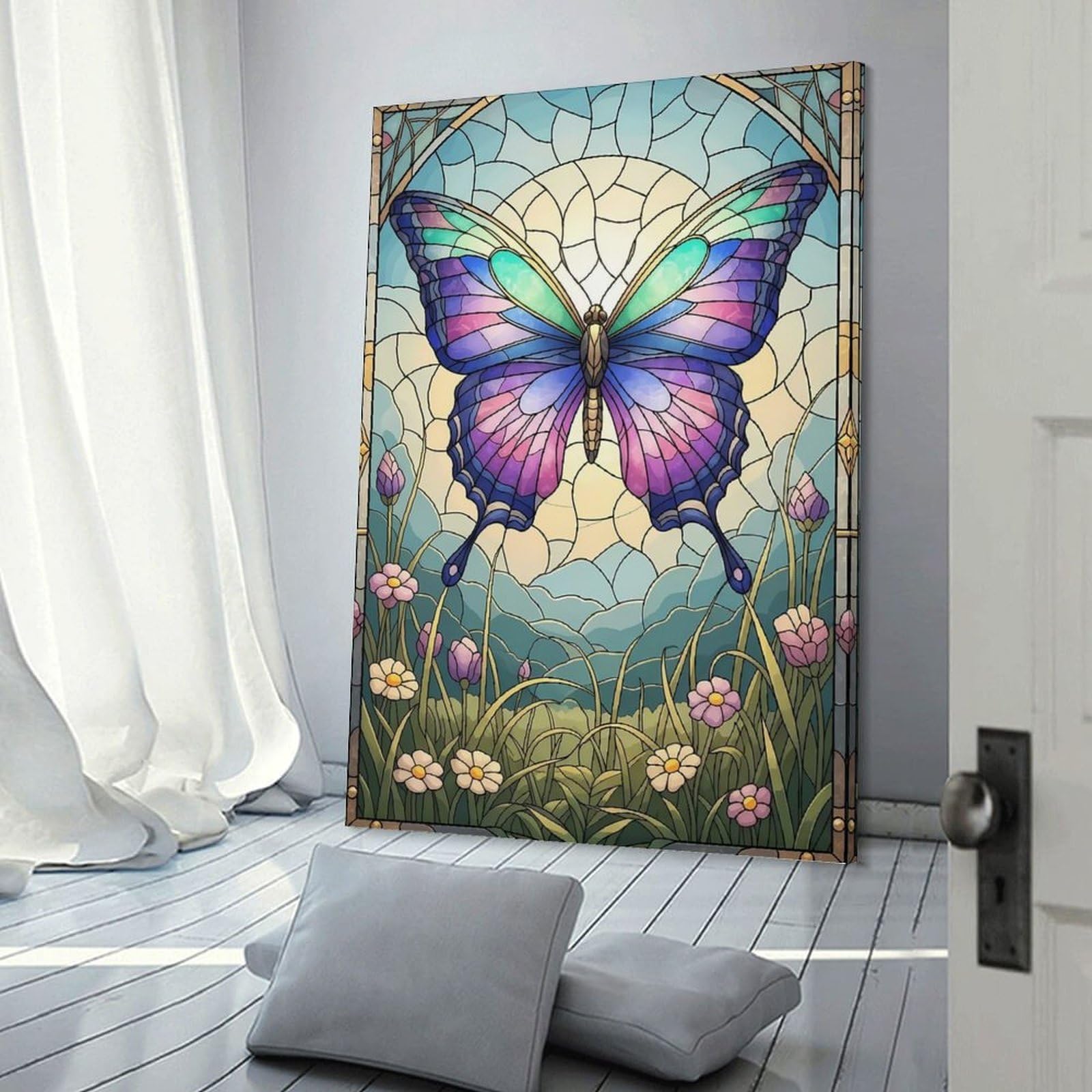 Junmoney Frame-Style-5 Decorative Wall Artwork Stained Glass Butterfly In Floral Meadow, 20X30inch(50X75cm), For New Homes, Bedrooms Or Workspaces, Canvas Artwork With Gifting Potential