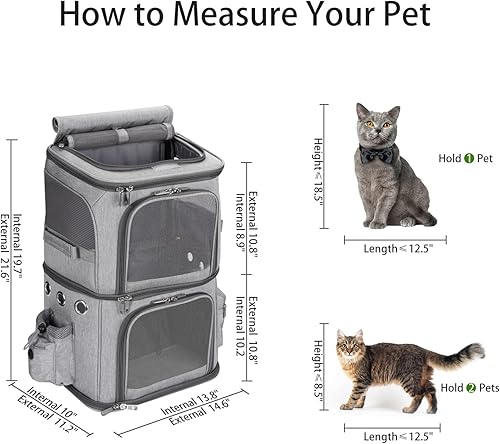 Vista 6 de Mochila transportadora de mascotas de doble compartimento para gatos pequeños y perros, transportador de viaje para gatos para 2 gatos, perfecta Gris