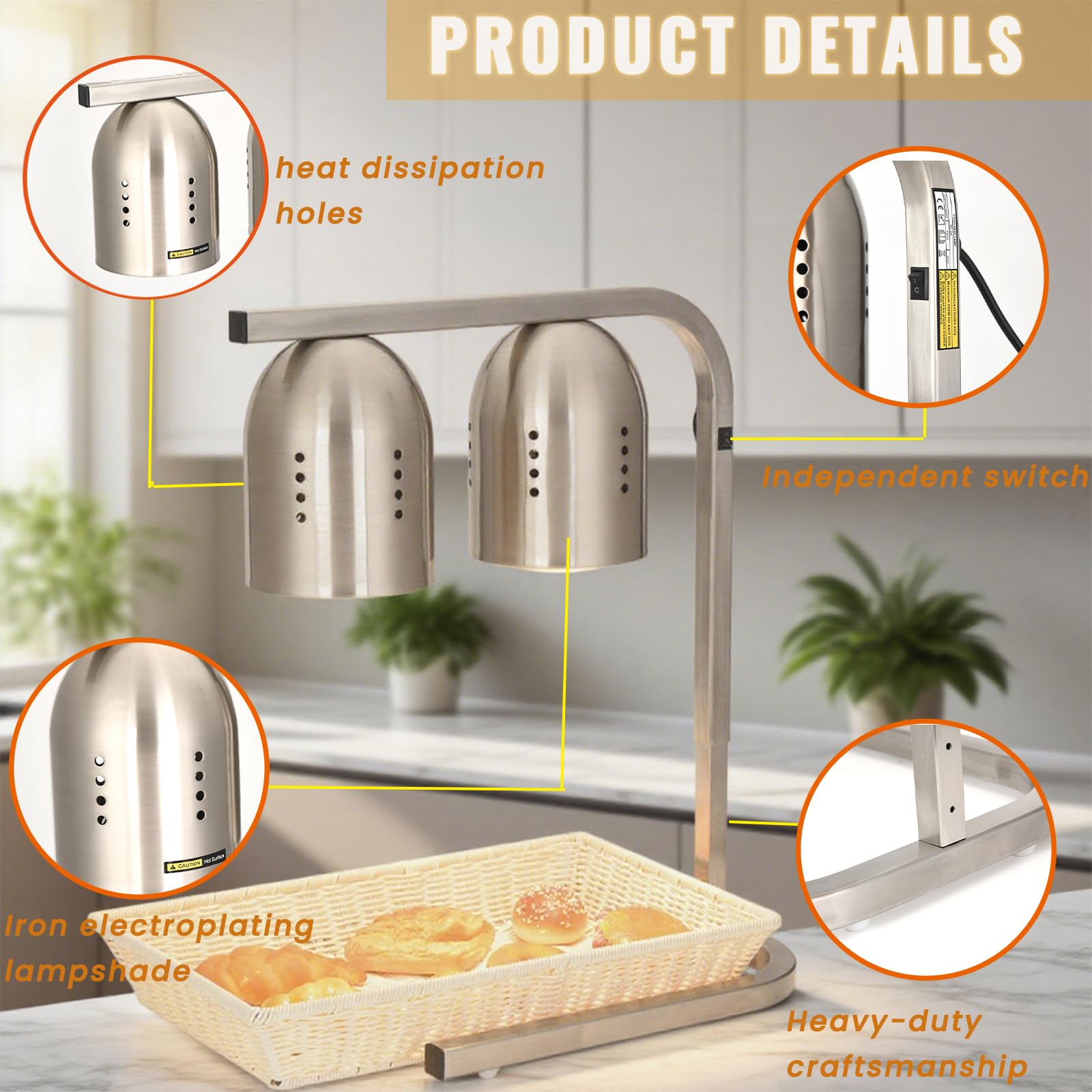 Lámpara de calor portátil comercial Calentador de alimentos de 2 bombillas Independiente, lámpara de calefacción de buffet de metal de 550 W y luz de calentamiento para restaurante buffet,Plata