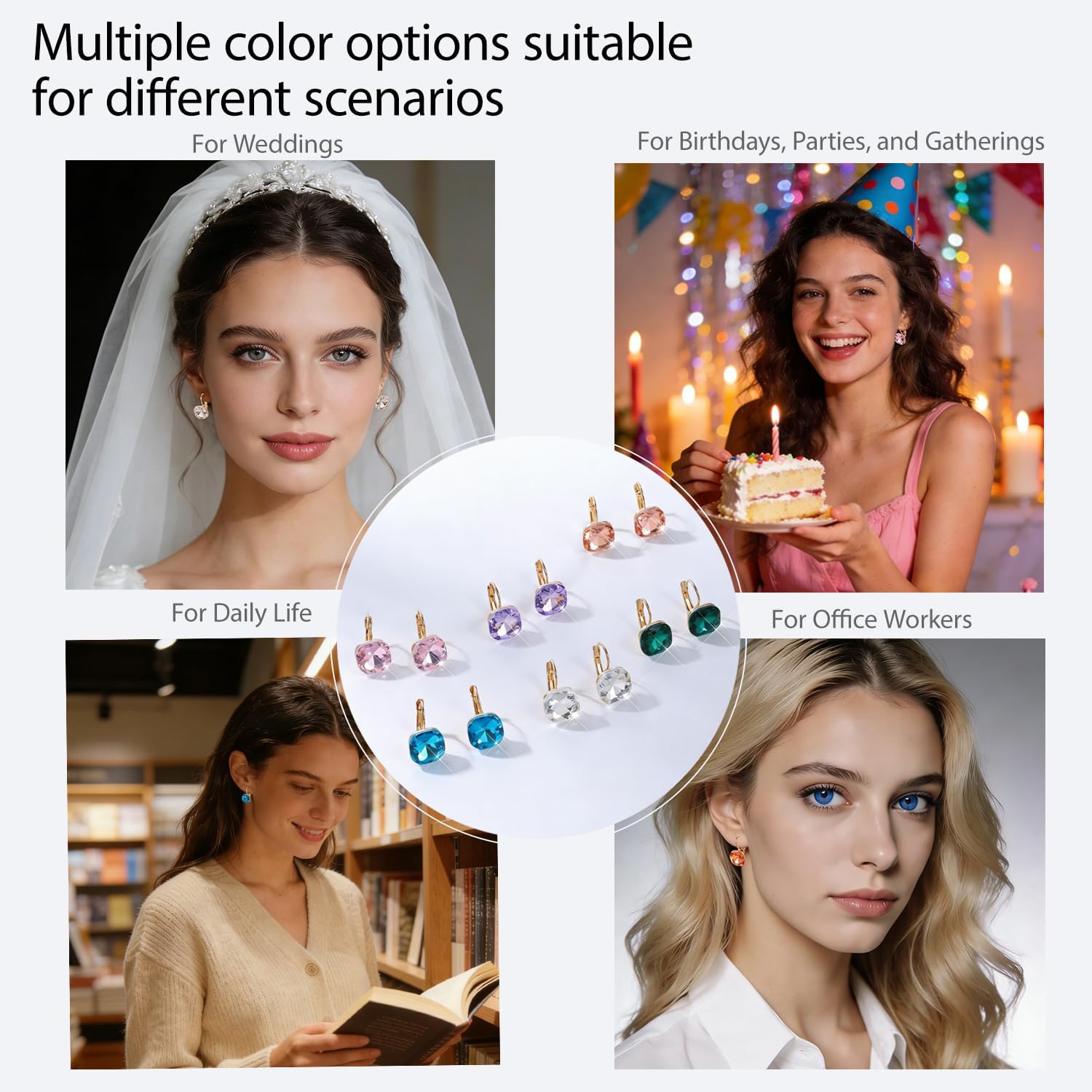 6 Pairs Multicolor Square Austrian Crystal Drop Earrings for Women 14K Gold Plated Leverback Hypoallergenic Dangle Earrings Wedding Party Daily Fashion Jewelry Set - Image 5