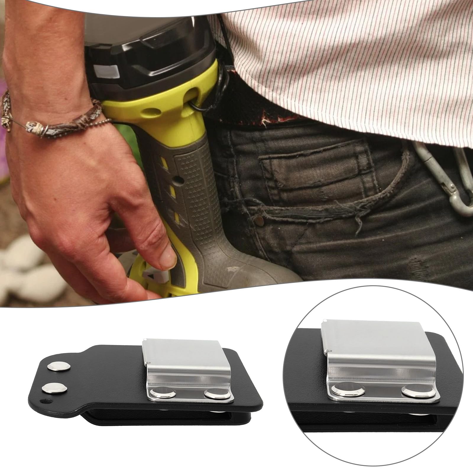 Briny River 1Pc Drill Holster Tape Measure Holder Drill Belt Holder Stainless Steel Tape Measure Clip for Cordless Drill Impact Nailer 8.4x6.6x2.3cm - Image 3