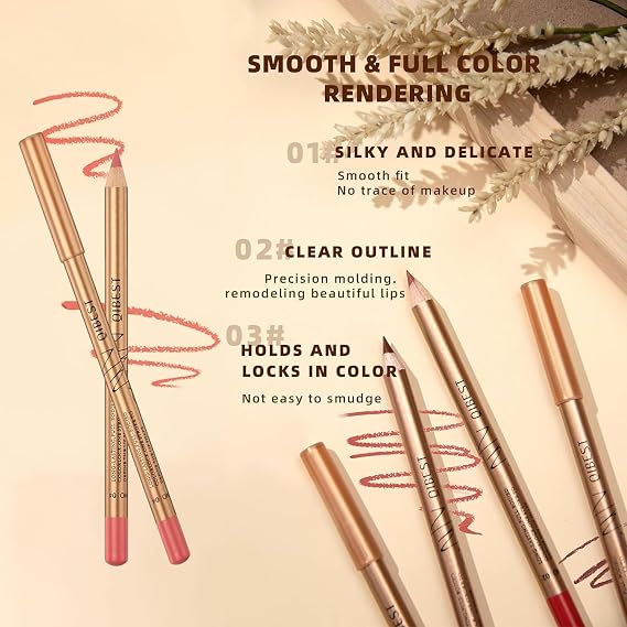 12Colors Slim Lip Liner Pencil Set,Longwear Smooth Lip Pencil Nude