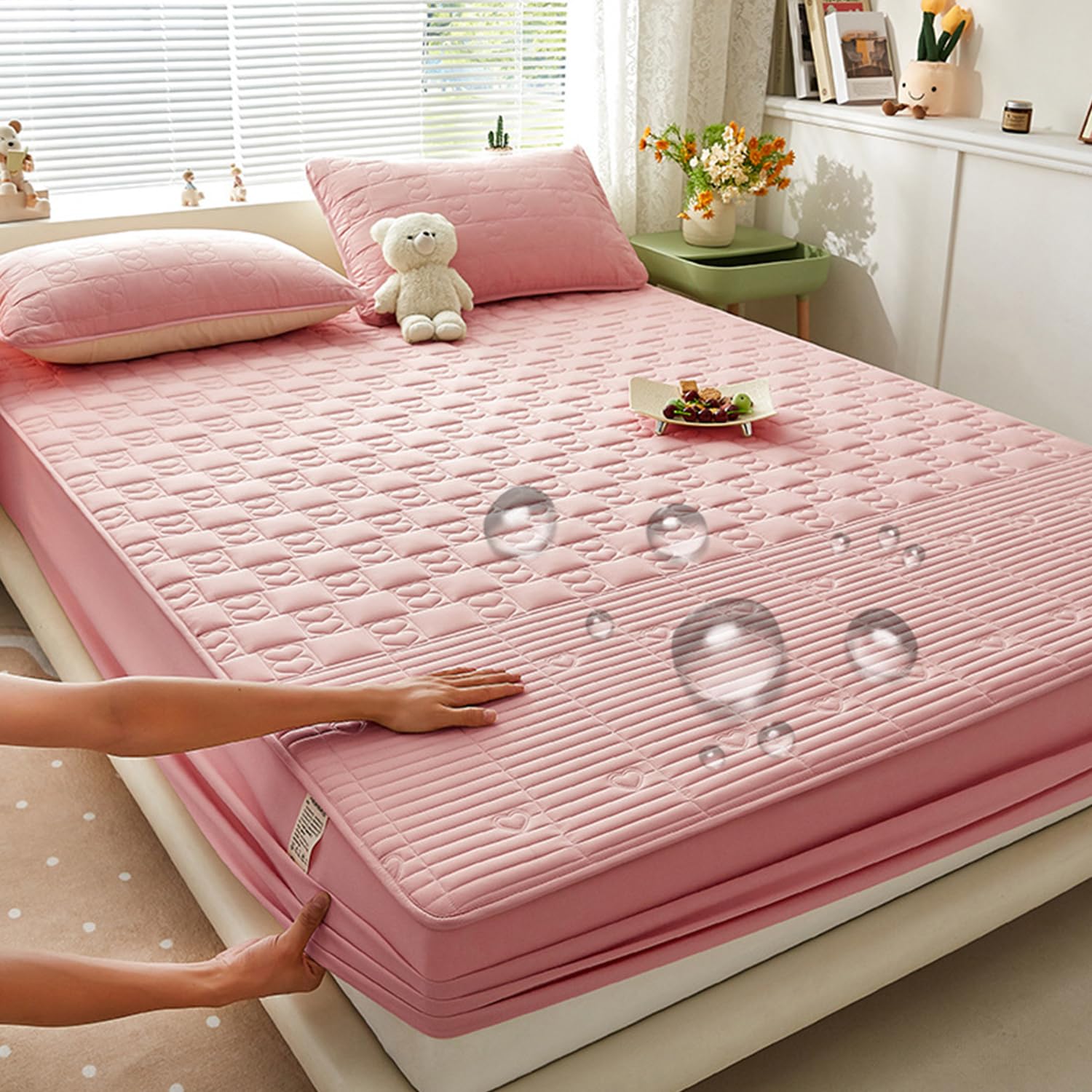 LDLCYCN ,A/pink,150 * 200cm/QUEEN, 100% Waterproof Mattress Protector Cover Queen Size Quilted Fitted Sheet