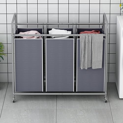 Miniatura 2 de LINZINAR Clasificador de ropa sucia de 3 bolsas, carrito de lavandería con ruedas enrollables resistentes y bolsas extraíbles (gris)