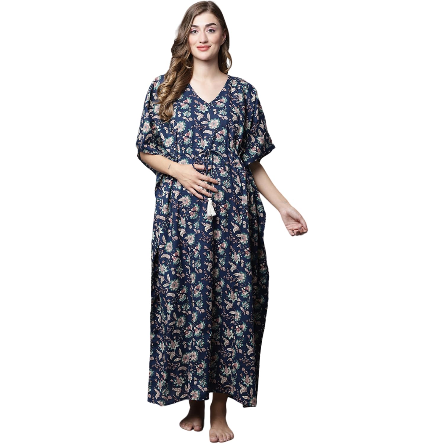 Women Cotton Navy Blue Floral Maternity Maxi Kaftan