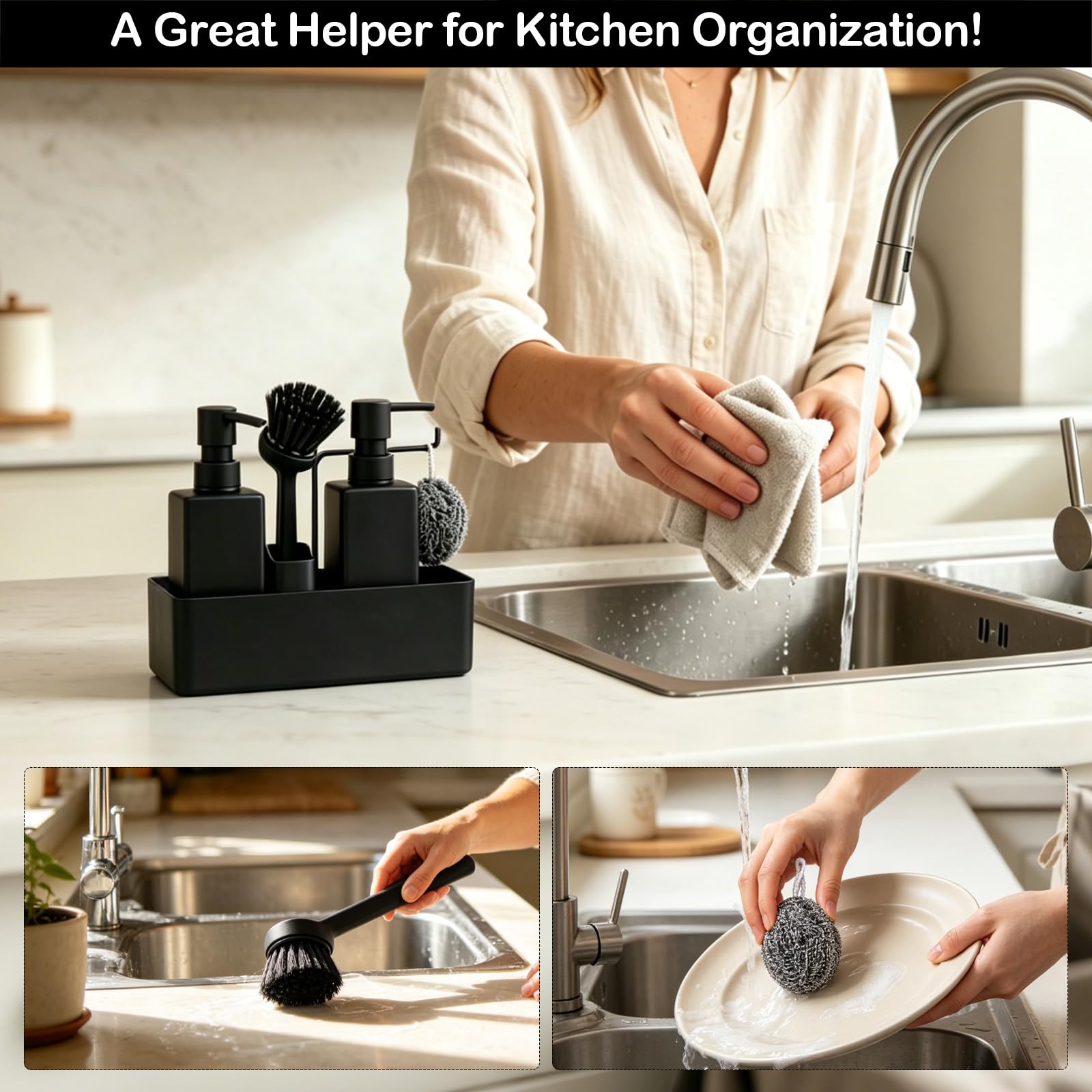 Set organizer per lavello nero a 5 pezzi, con 2 bottiglie, 1 scatola di stoccaggio, 1 spazzola e 1 pallina pulente, ideale per cucina o bagno