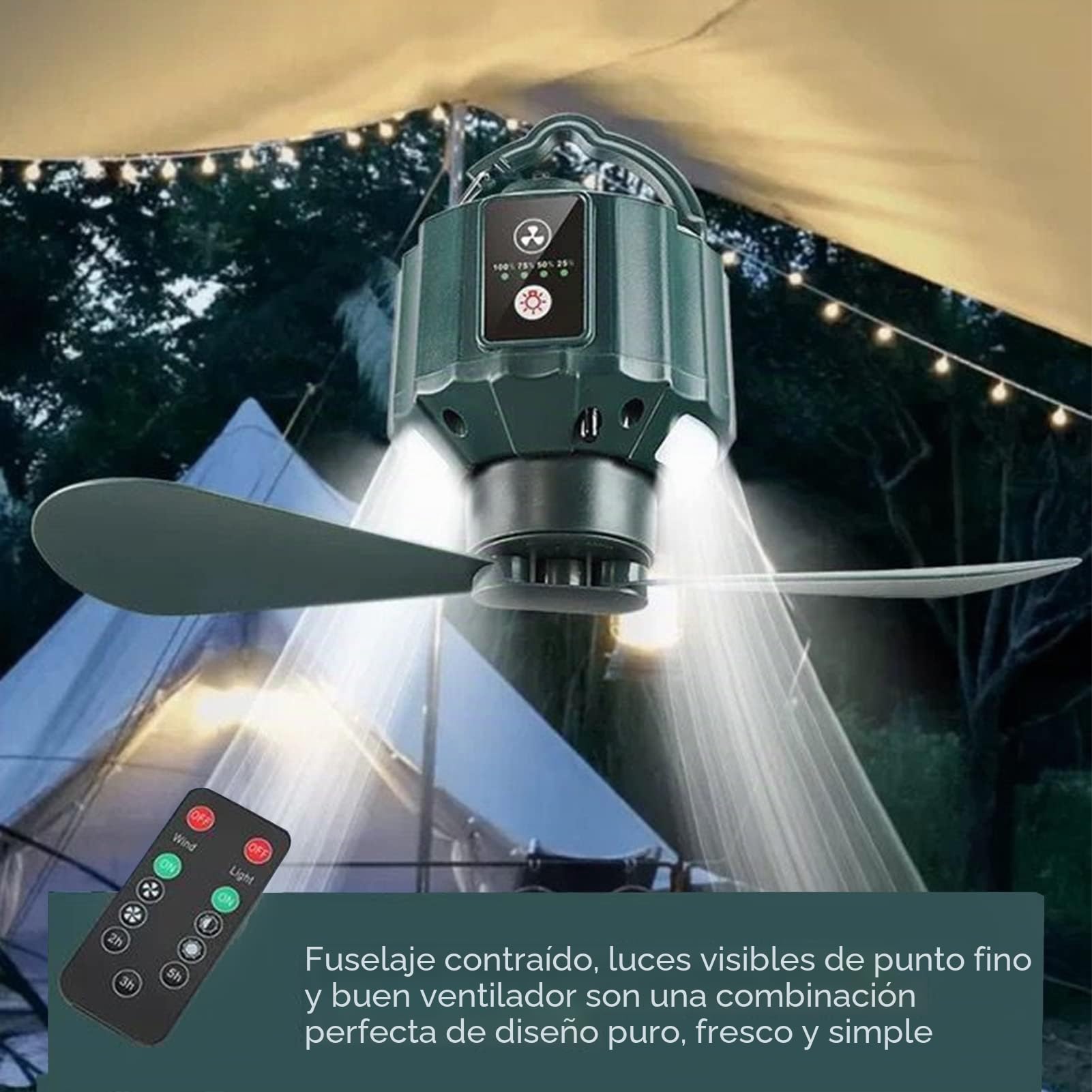 Ventilador de camping,Ventilador de techo portátil con luz LED y batería recargable USB de 10400 mAh,3 velocidades silencioso y control remoto,desmontable para pesca,viajes y actividades al aire libre
