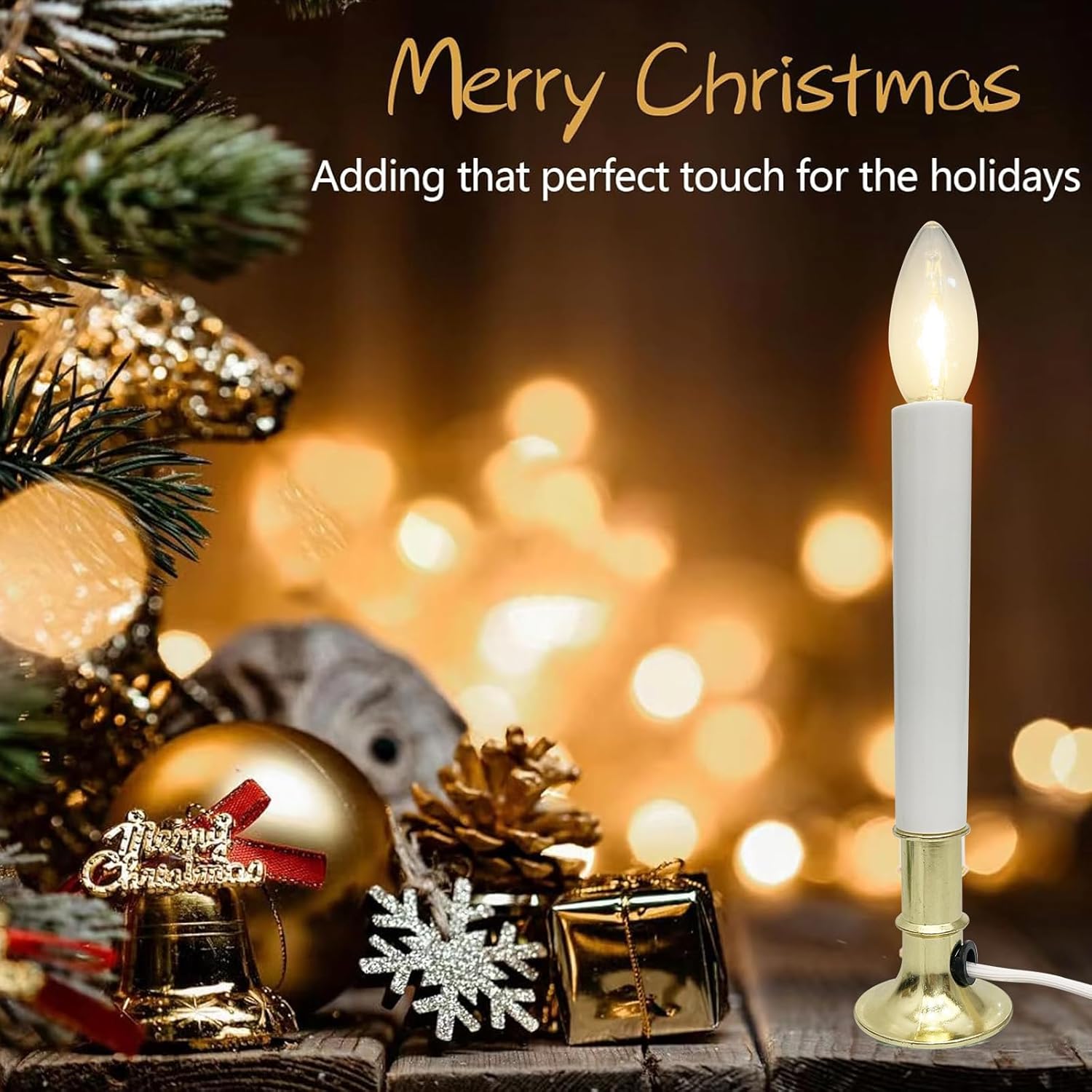 4 Pack Electric Christmas Window Candle, Brass Plated Base Window Candles with Sensor Dusk to Dawn, Candle Set for Home & Kitchen for Window Table Christmas Decorations