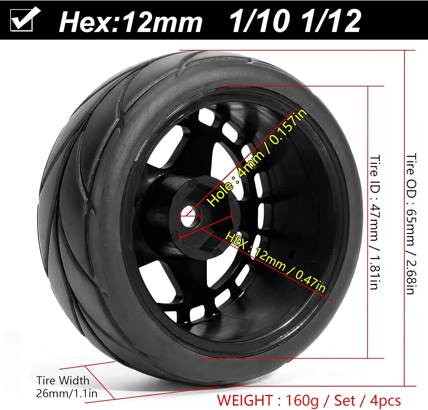 Pre-Glued Wheel & Street Tire Set for 1/10 1/12 RC Car for HSP 94123, Tamiya TT01 / XV01, MJX 10303, Kyosho FW06, 65 x 26 mm Rubber, 12 mm Hex Nylon Wheels 4 pcs, Black