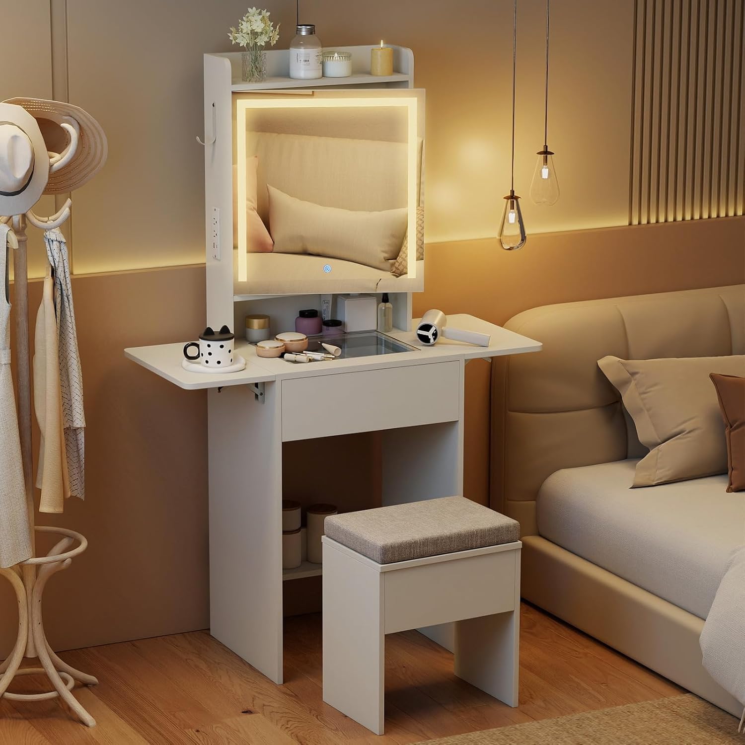 LOKO Narrow Vanity Desk with Mirror & Lights, Space-Saving Makeup Table with Stool, Glass Tabletop, 2 Drop Leaf Tables, Charging Station, Hidden Storage, Small Dressing Station for Bedroom (White)