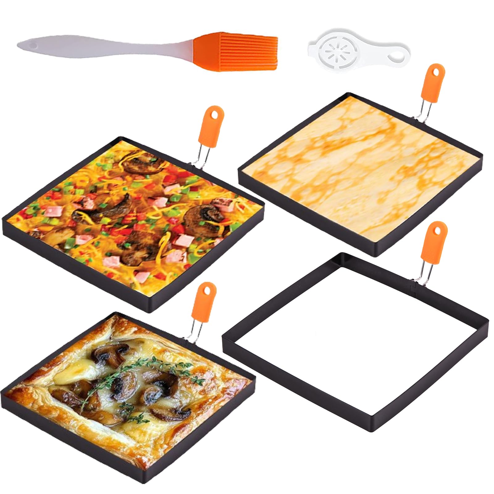 Photo 1 of 4 Packs Large 8 Inch Square Omelette Ring for Griddle, Non-Stick Stainless Steel 8"Griddle Omelet Rings,Rectangular Egg Ring Pancake Ring Egg Mold Silicone Handle with Egg Separator & Oil Brush