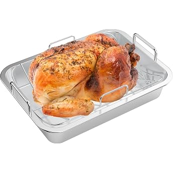 onlyfire Roasting Tray with Rack, Stainless Steel Roasting Tray with Frame, 40 x 29.5 x 10 cm, Turkey Roasting Tray for Oven,