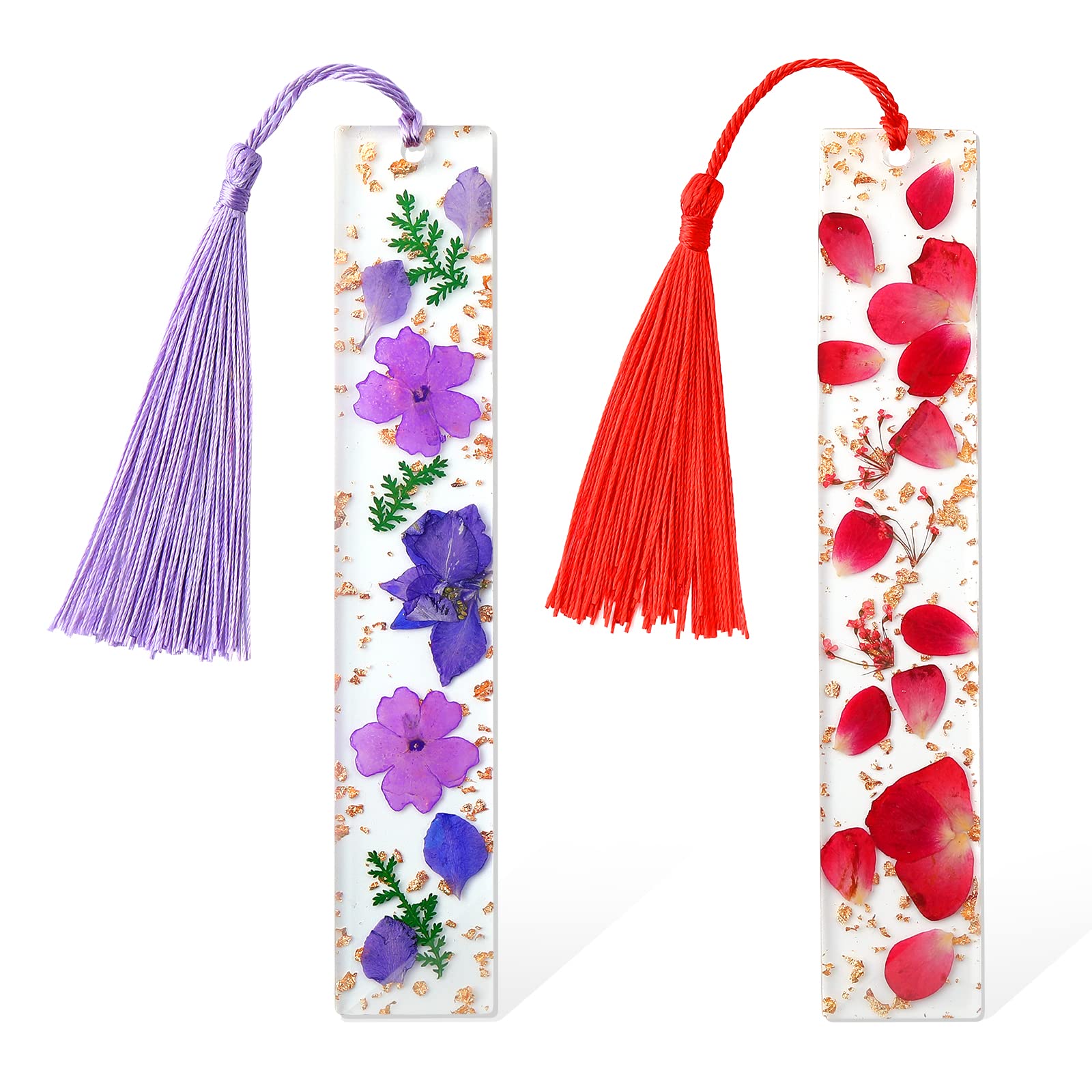 PROUSKY Pressed Flower Bookmarks, Dried Flower Resin Bookmarks, Mothers Day Gifts Pressed Floral Reading Page Markers with Tassel Daisy Book Markers for Readers Teachers Students (Red+Purple)